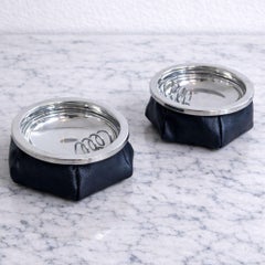 Pair of 1970s Italian Ashtrays in Black Leather and Metal