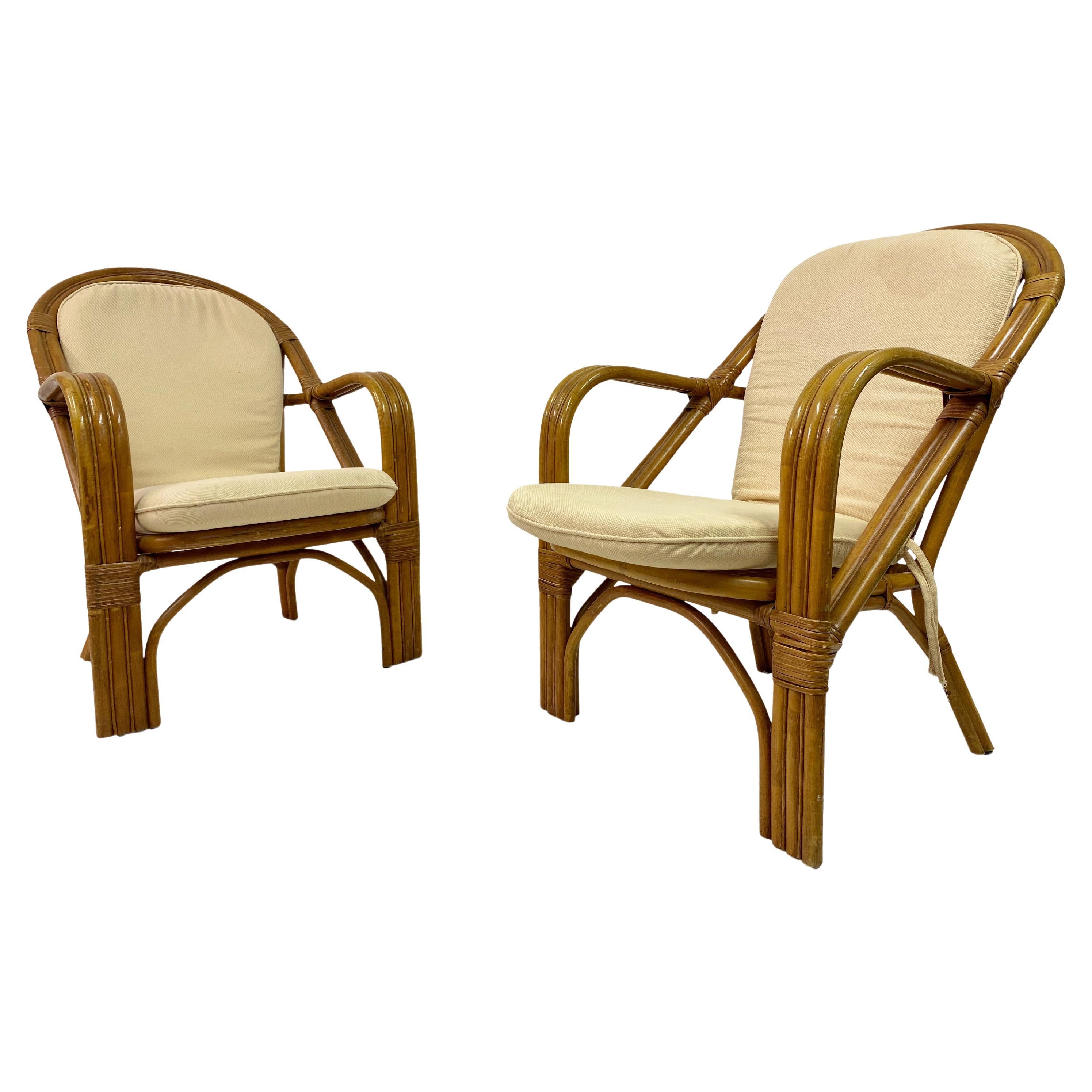 Paire de fauteuils italiens en bambou des années 1970 en vente