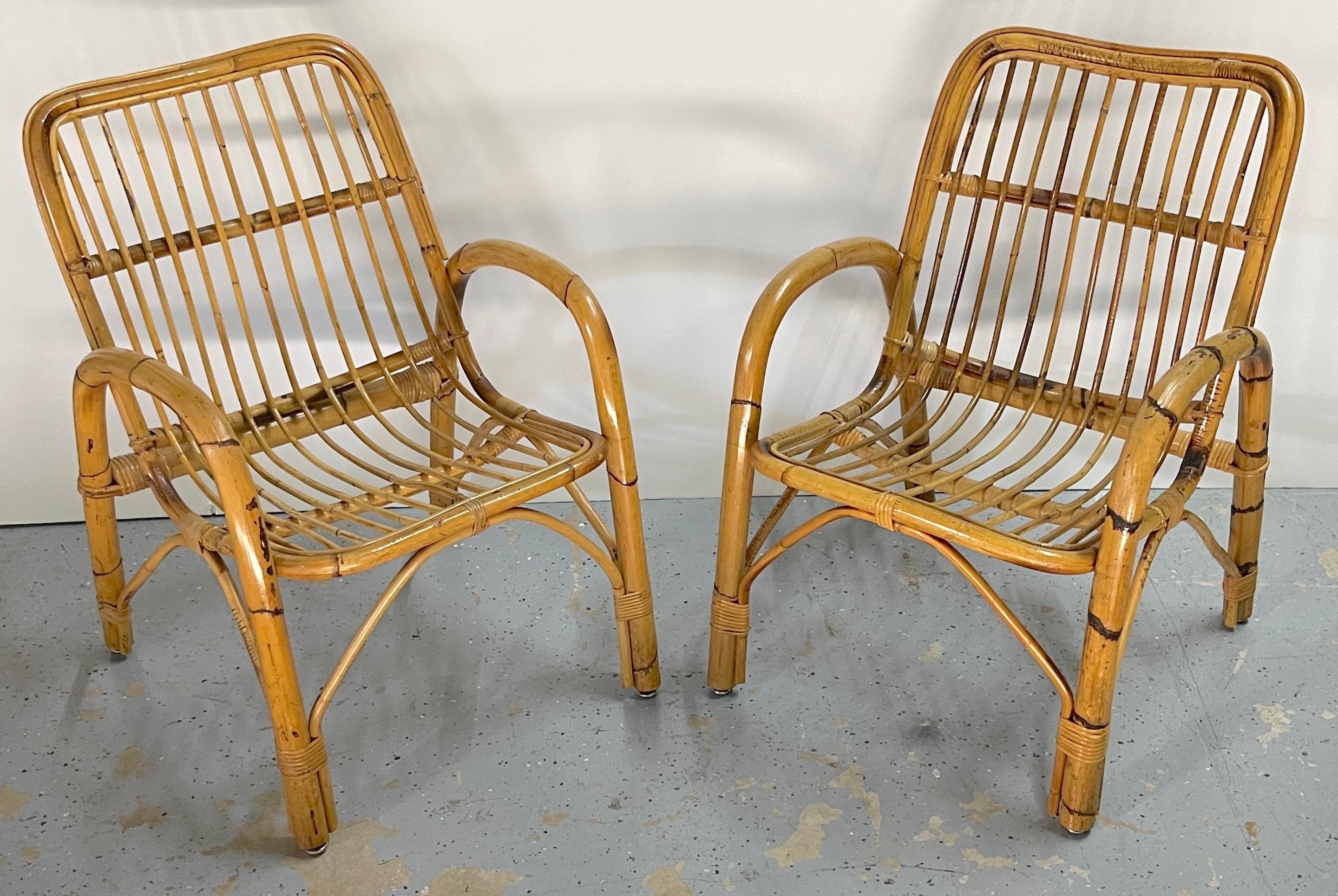 Mid-Century Modern Pair of 1970s Italian Bamboo Armchairs, Style of Franco Albini For Sale