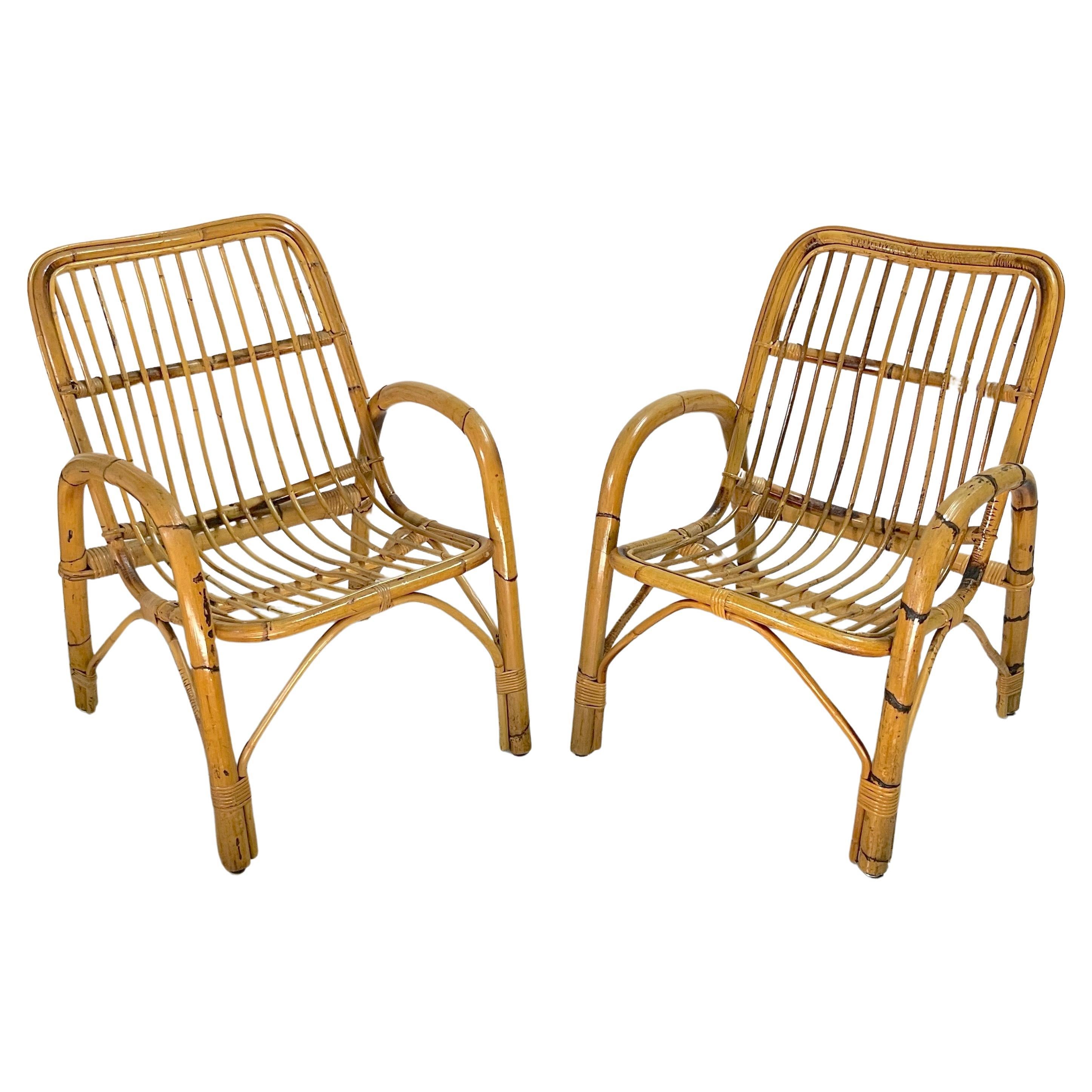 Paire de fauteuils italiens en bambou des années 1970, style Franco Albini
