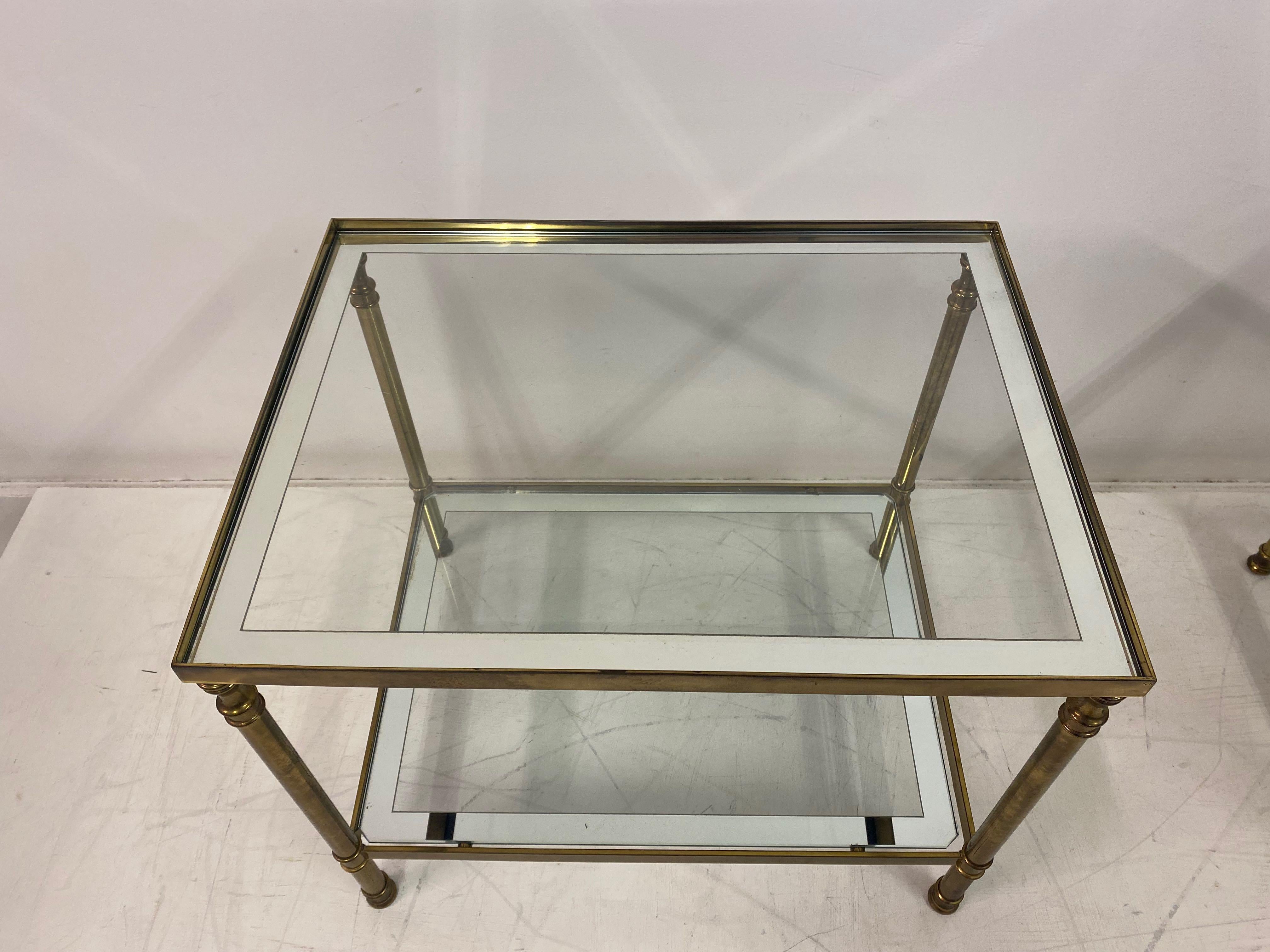 Hollywood Regency Pair of 1970s Italian Brass and Glass Side Tables