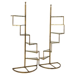 Pair of 1970s Italian Brass and Glass Spiral Staircase Shelving Units