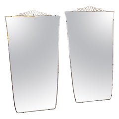 Pair of 1970s Italian Brass Framed Mirrors with Undulating Brass Detail at Top