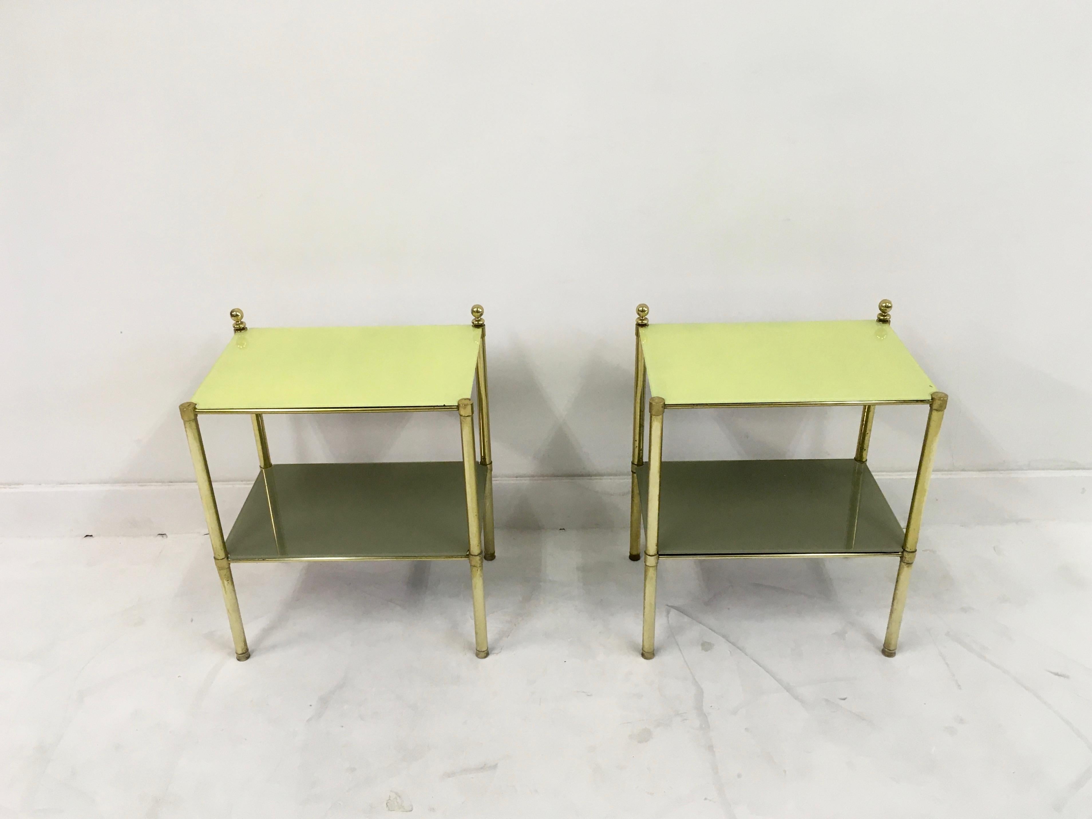 Pair of 1970s Italian Brass Side Tables with Yellow Glass In Good Condition In London, London