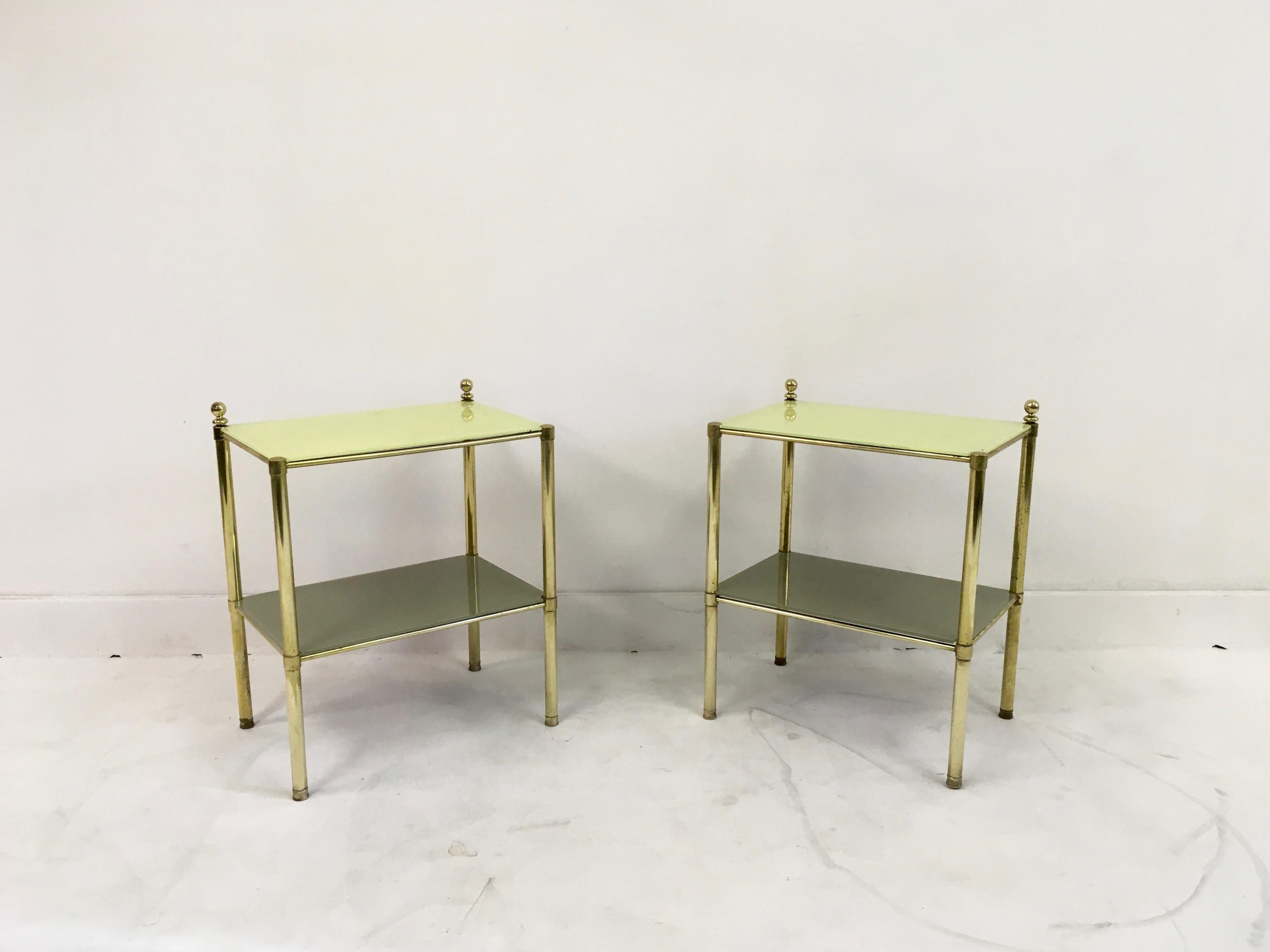 20th Century Pair of 1970s Italian Brass Side Tables with Yellow Glass