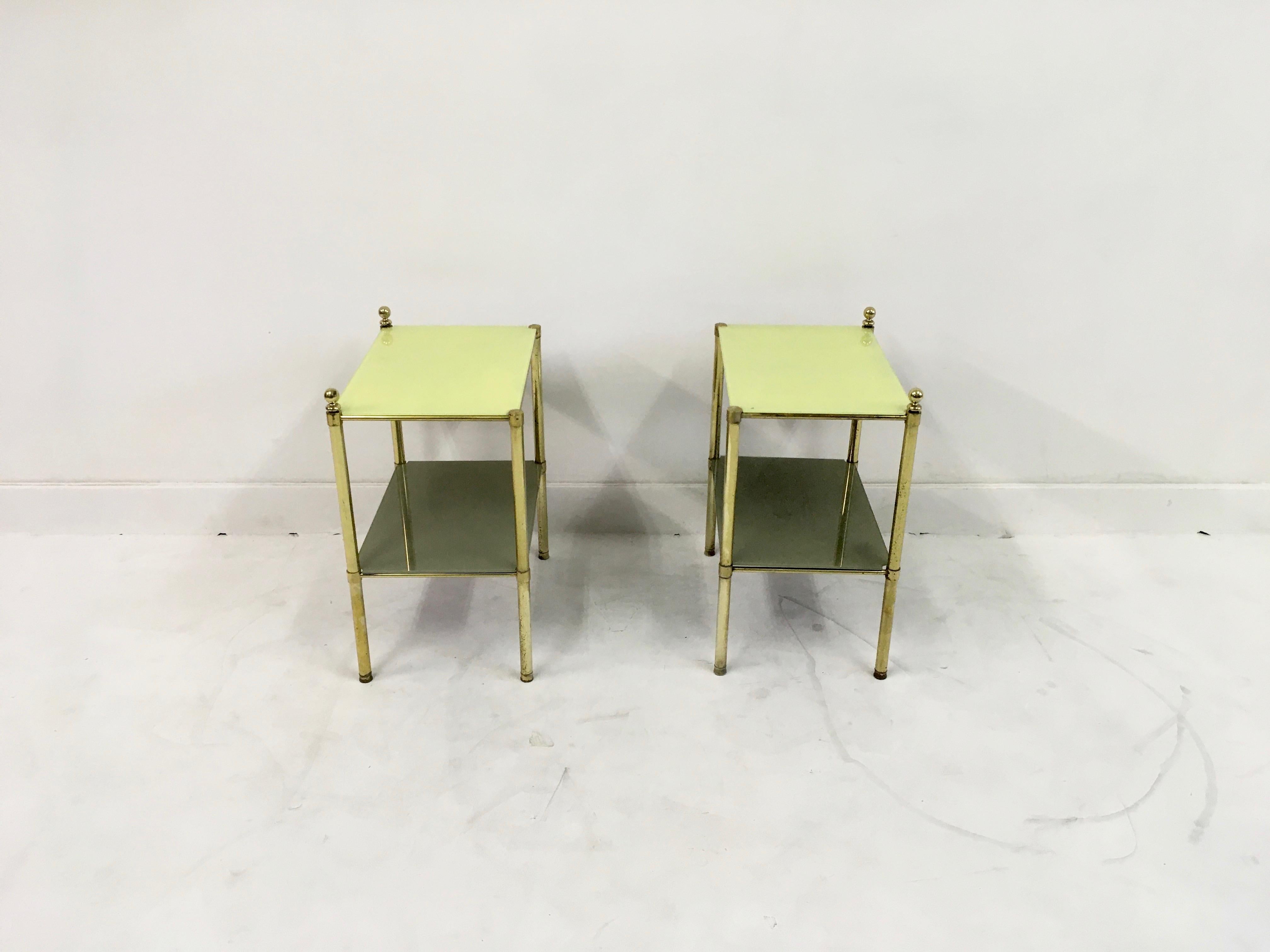Pair of 1970s Italian Brass Side Tables with Yellow Glass 2
