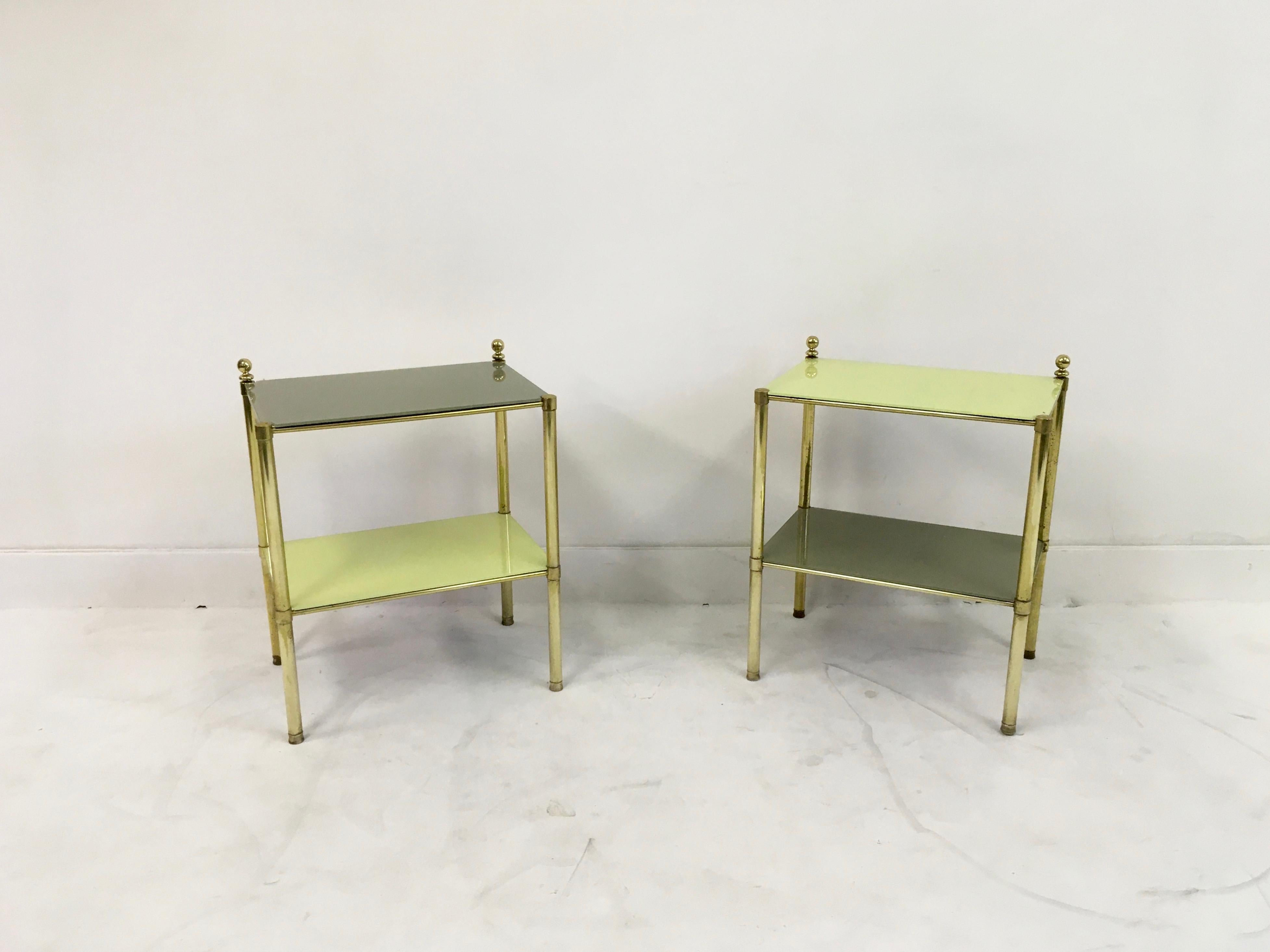 Pair of 1970s Italian Brass Side Tables with Yellow Glass 4