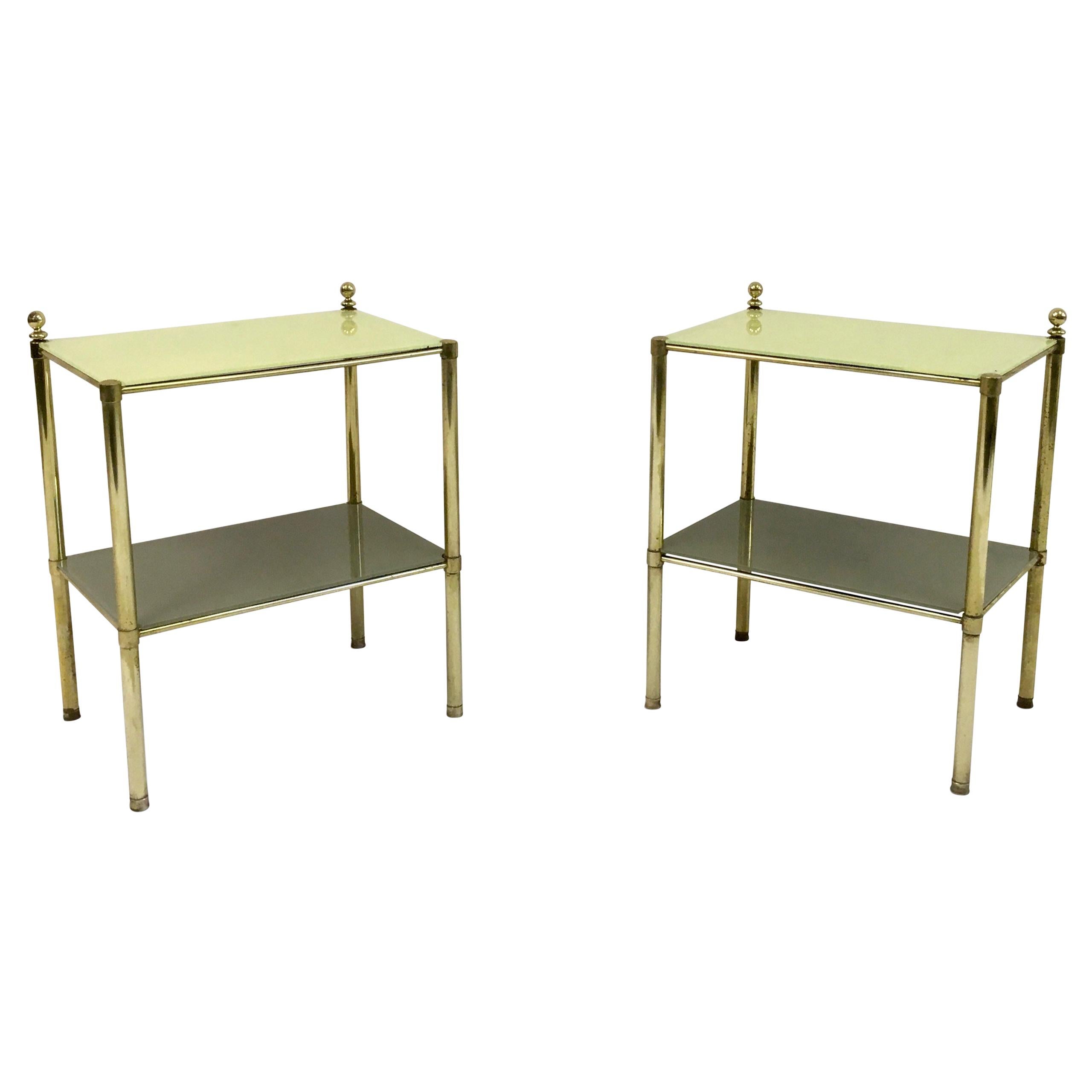 Pair of 1970s Italian Brass Side Tables with Yellow Glass