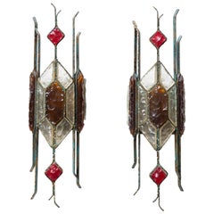 Pair of 1970s Italian Brutalist Sconces Color Glass Italian Design by Longobard