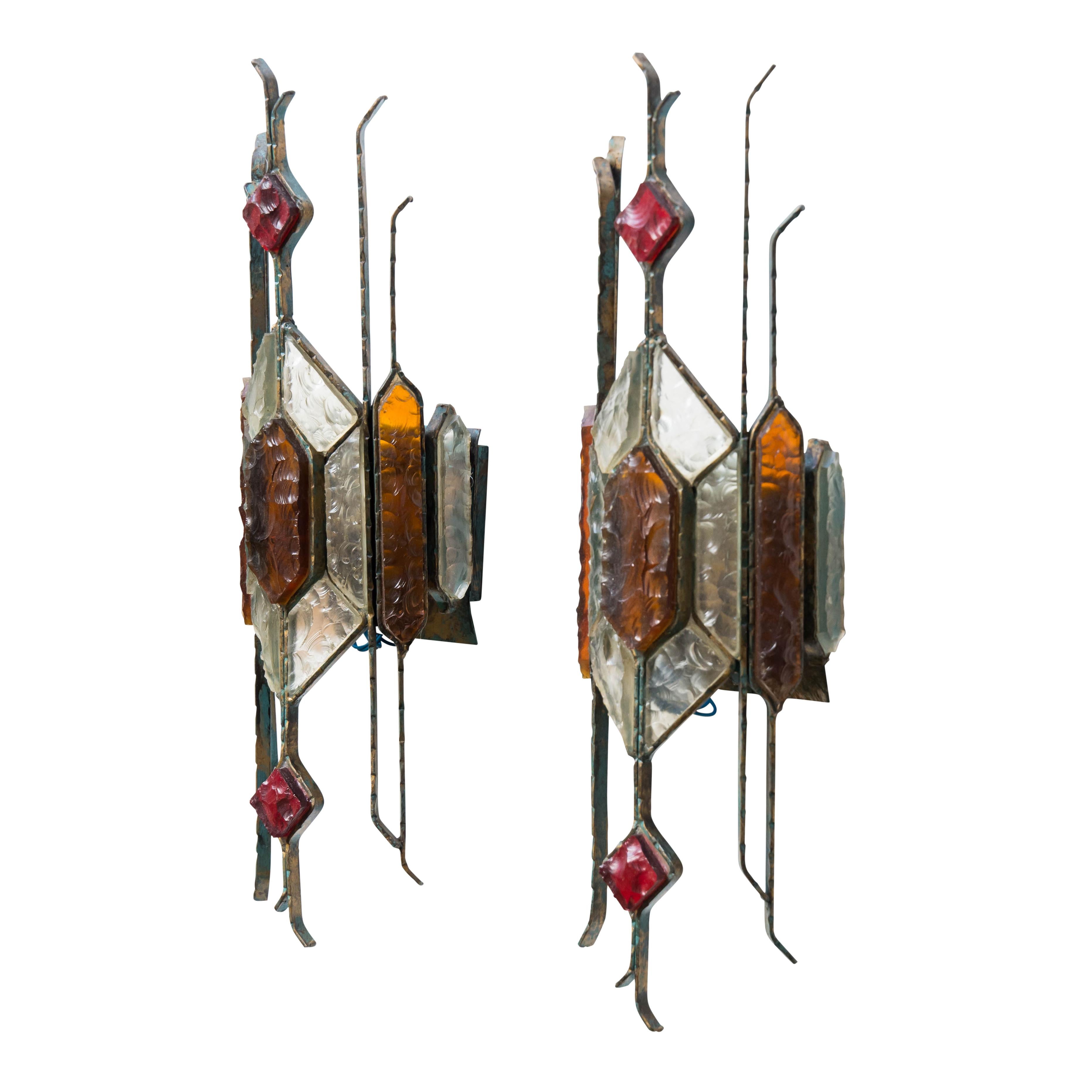 Late 20th Century Pair of 1970s Italian Brutalist Sconces Color Glass Italian Design by Longobard