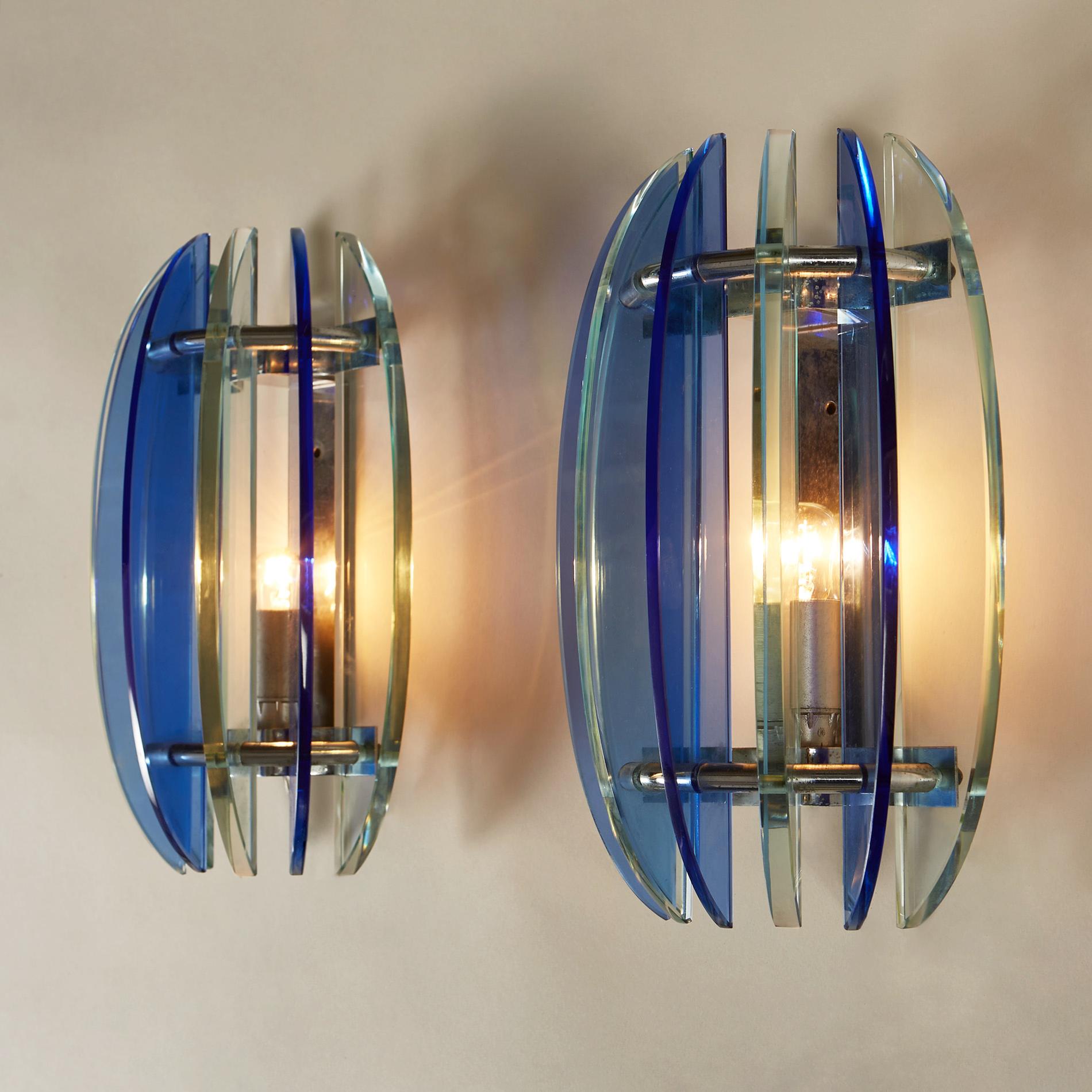 Pair of 1970s Italian Chrome and Blue and Greenglass Wall Lights by Veca In Good Condition In London, GB