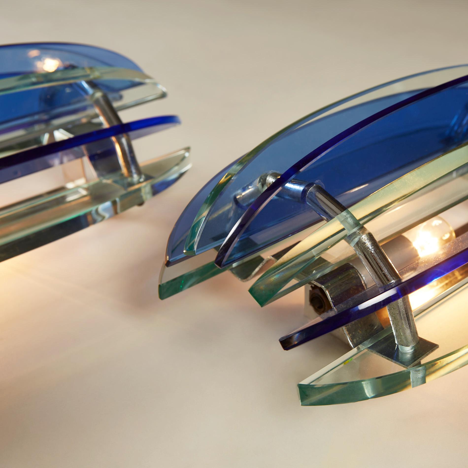 Late 20th Century Pair of 1970s Italian Chrome and Blue and Greenglass Wall Lights by Veca