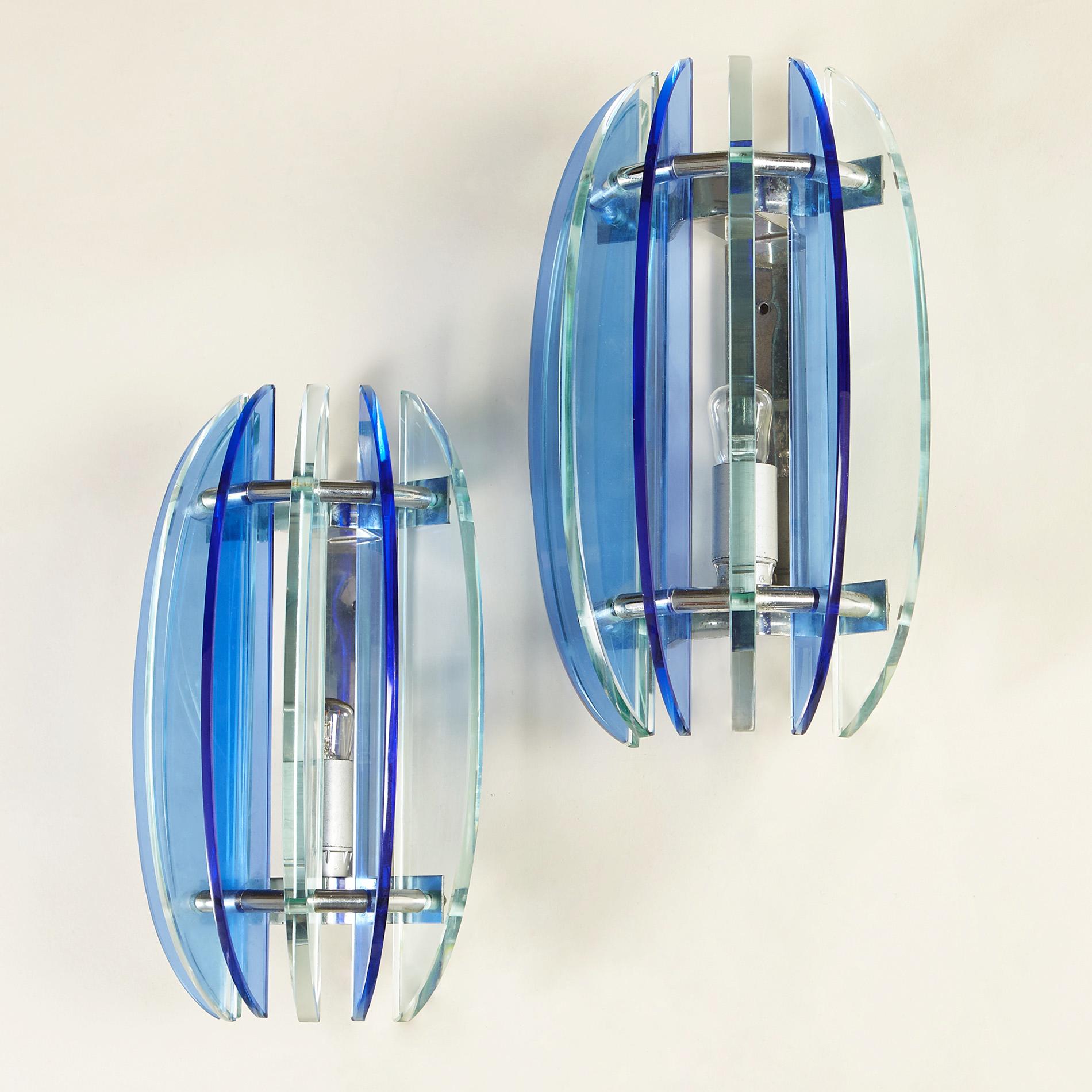 Pair of 1970s Italian Chrome and Blue and Greenglass Wall Lights by Veca 1