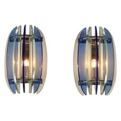 Pair of 1970s Italian Chrome and Blue and Greenglass Wall Lights by Veca