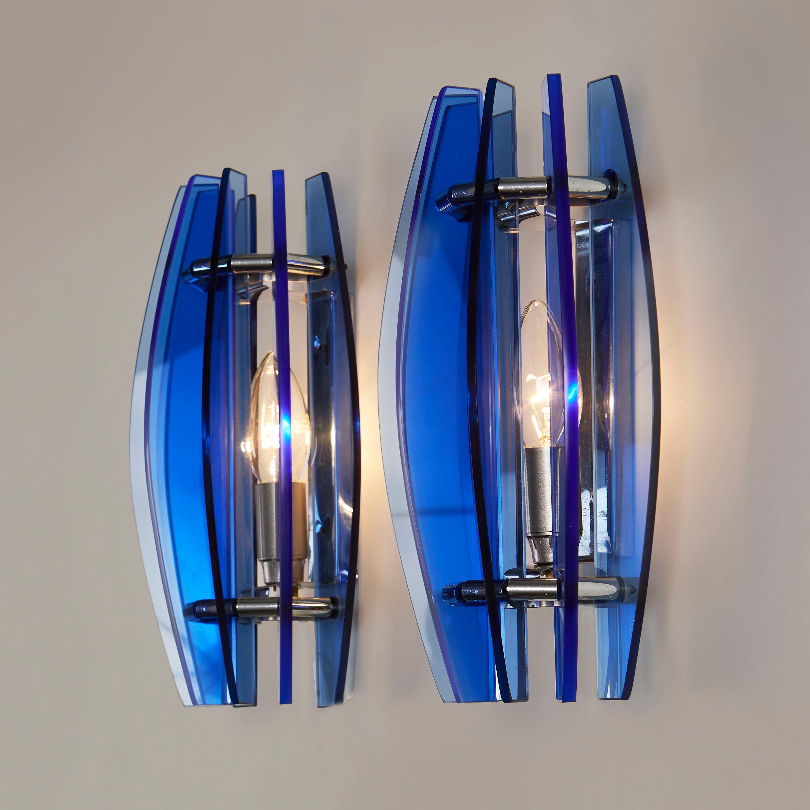 Pair of 1970s Italian chrome and blue glass wall lights by Veca In Good Condition For Sale In London, GB