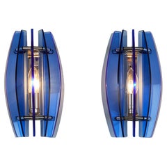 Pair of 1970s Italian chrome and blue glass wall lights by Veca