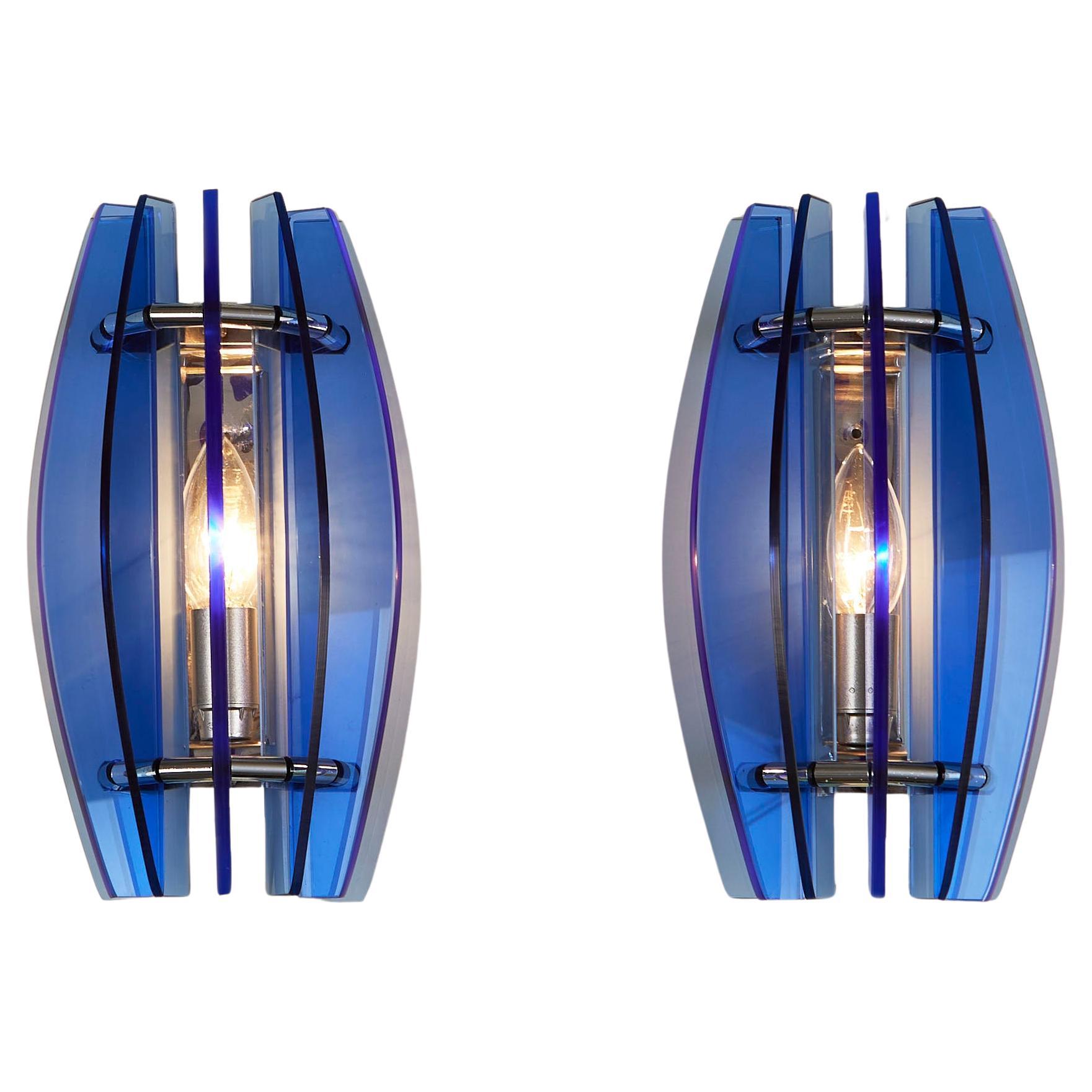 Pair of 1970s Italian chrome and blue glass wall lights by Veca For Sale