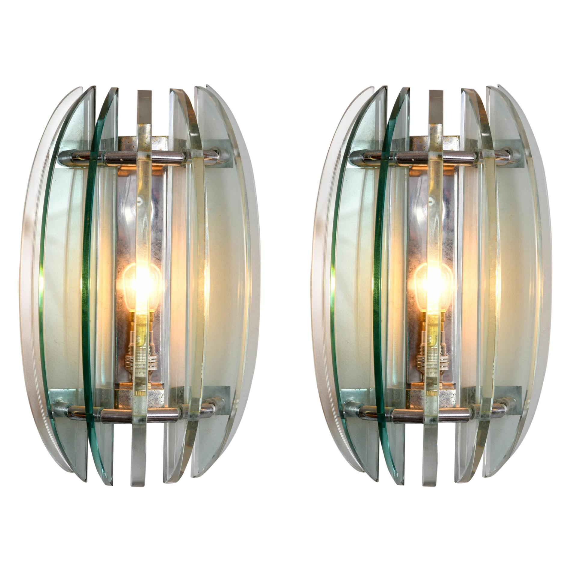 Pair of 1970s Italian Chrome and Glass Wall Lights by Veca
