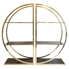 Pair of 1970s Italian Circular Brass and Opaline Glass Bookcases Gold Black Pair of 1970s Italian Circular Brass and Opaline Glass Bookcases Gold Black