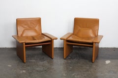 Pair of 1970s Italian Cognac Original Leather Modern Lounge Chairs