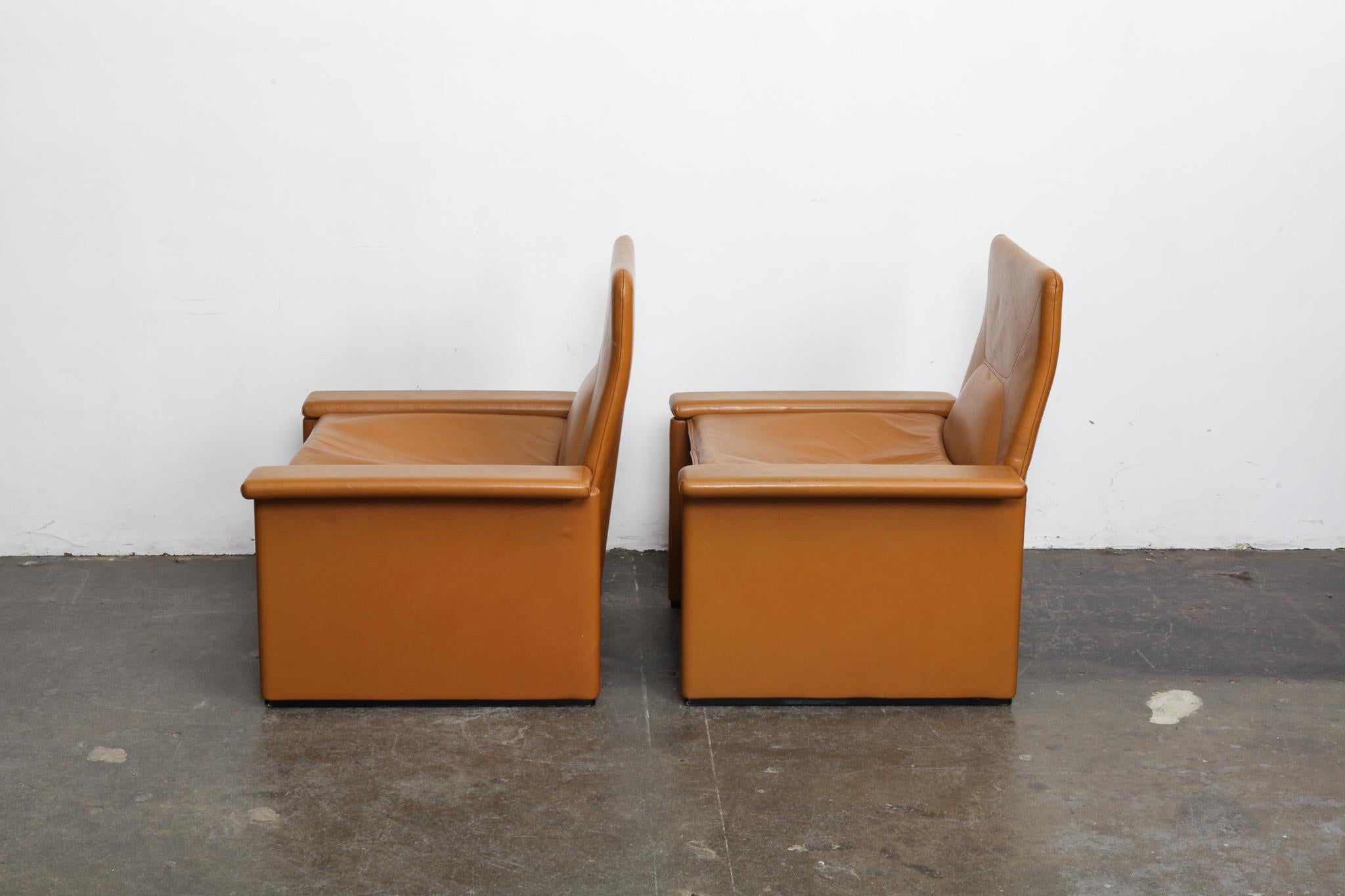 Mid-Century Modern Pair of 1970s Italian Cognac Original Leather Modern Lounge Chairs
