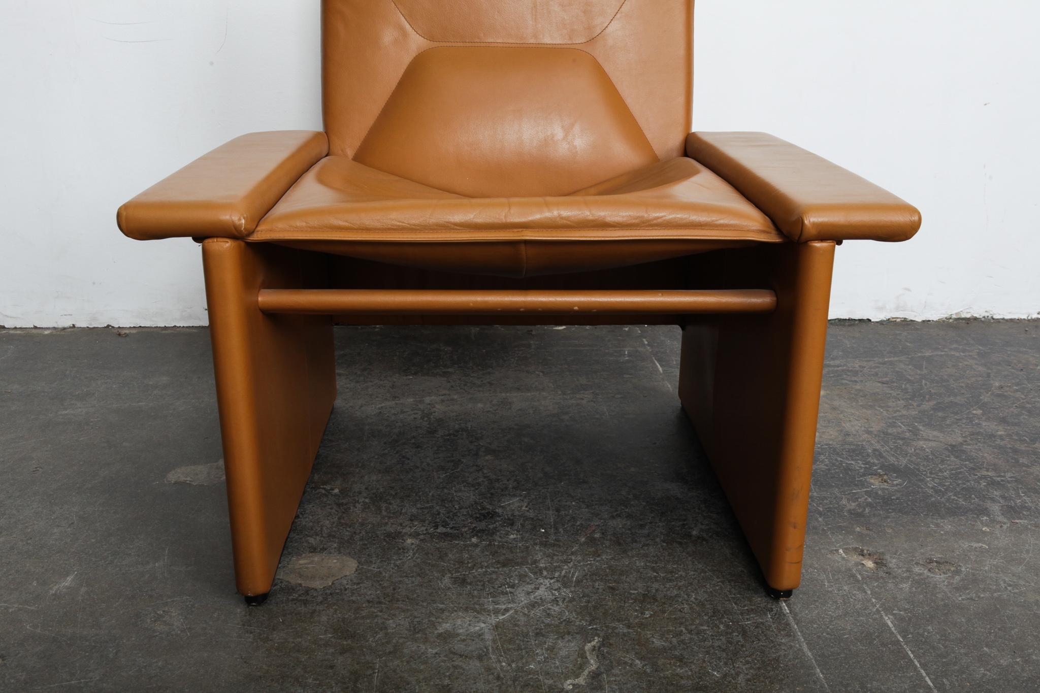Pair of 1970s Italian Cognac Original Leather Modern Lounge Chairs 1