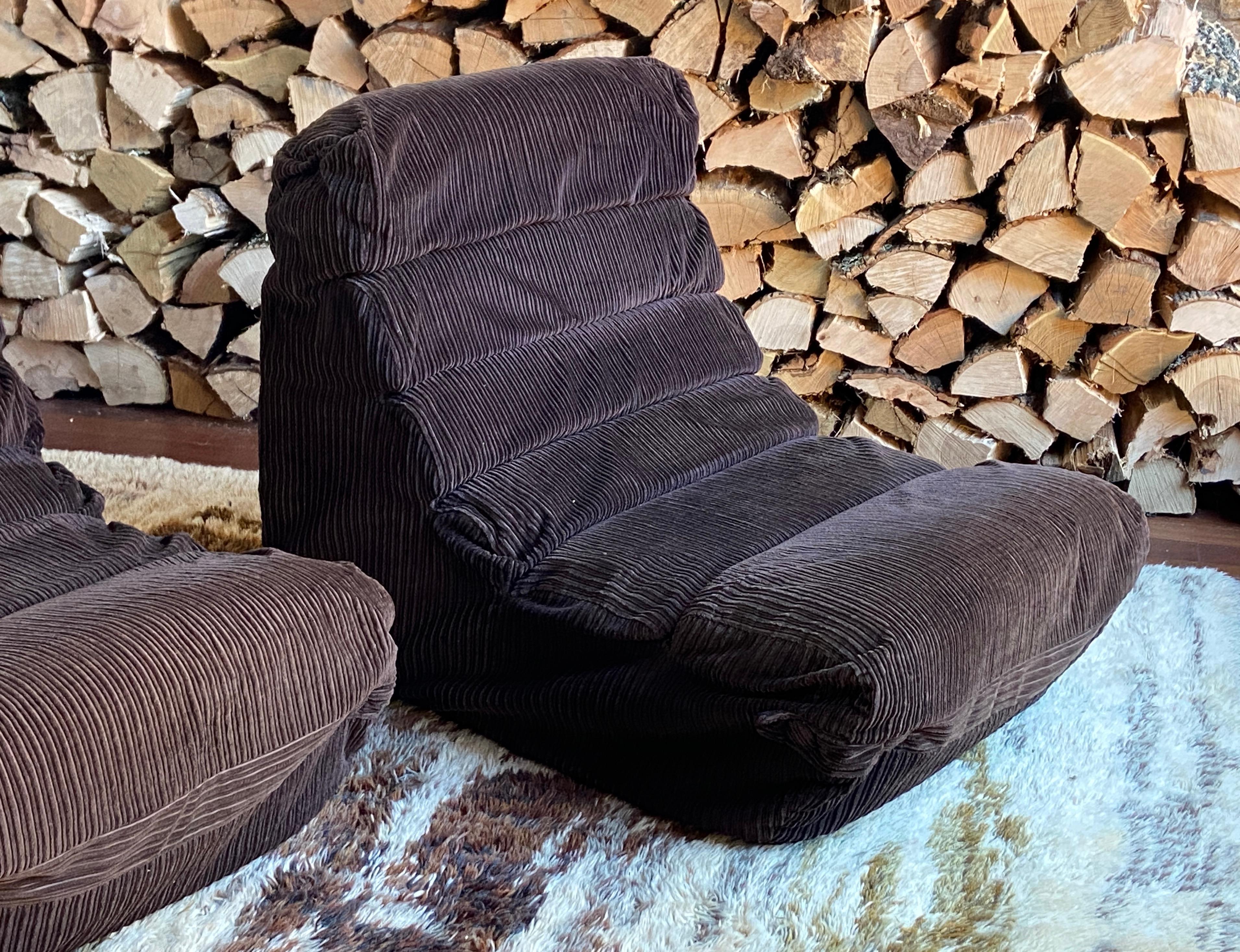 Upholstery Pair of 1970's Italian corduroy modular lounge chairs - sectional sofa - 2 sets For Sale