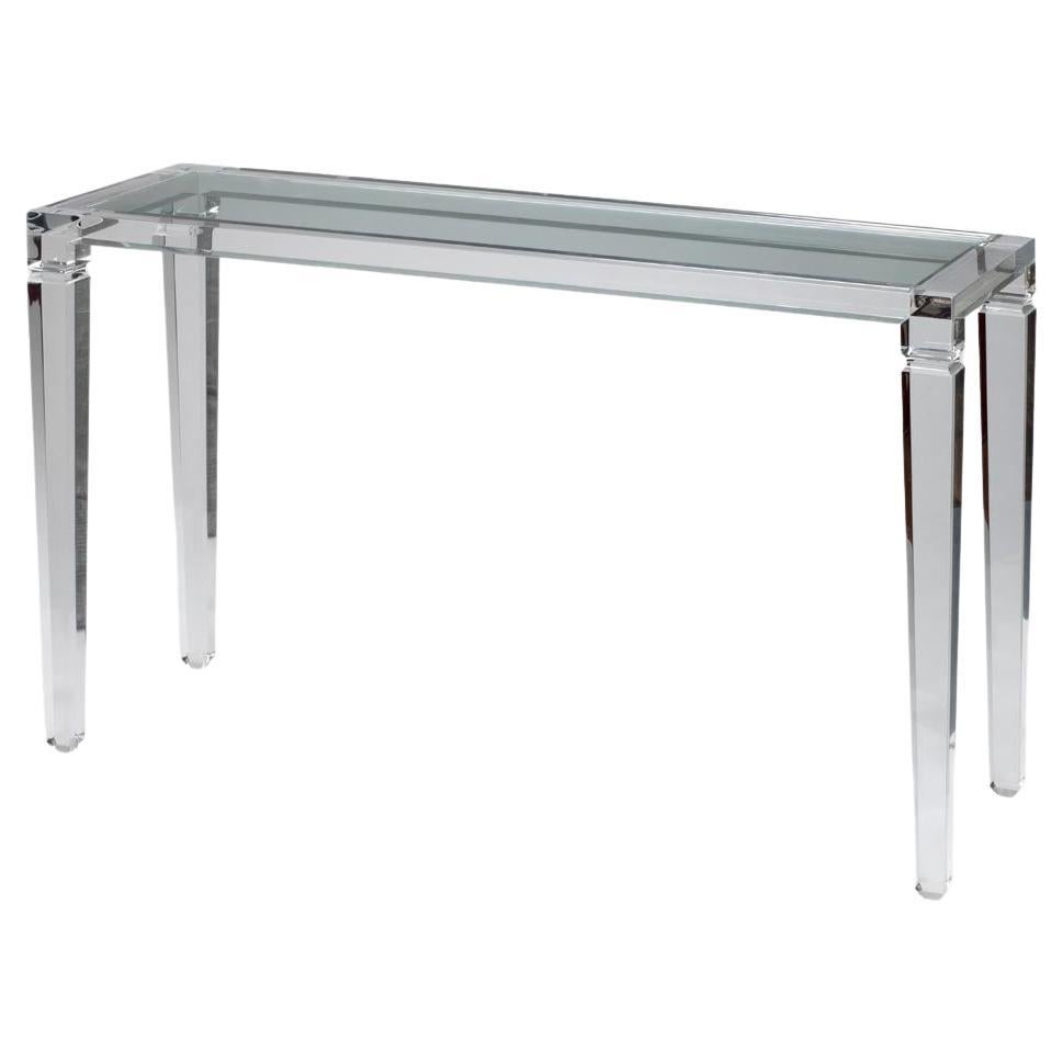 A pair of very elegant vintage Italian design console tables clear colour Top quality Perspex ( Methacrylate) with glass top on tapered legs.
The great attention to details in the making of this design and the harmonious slender Regency style shape
