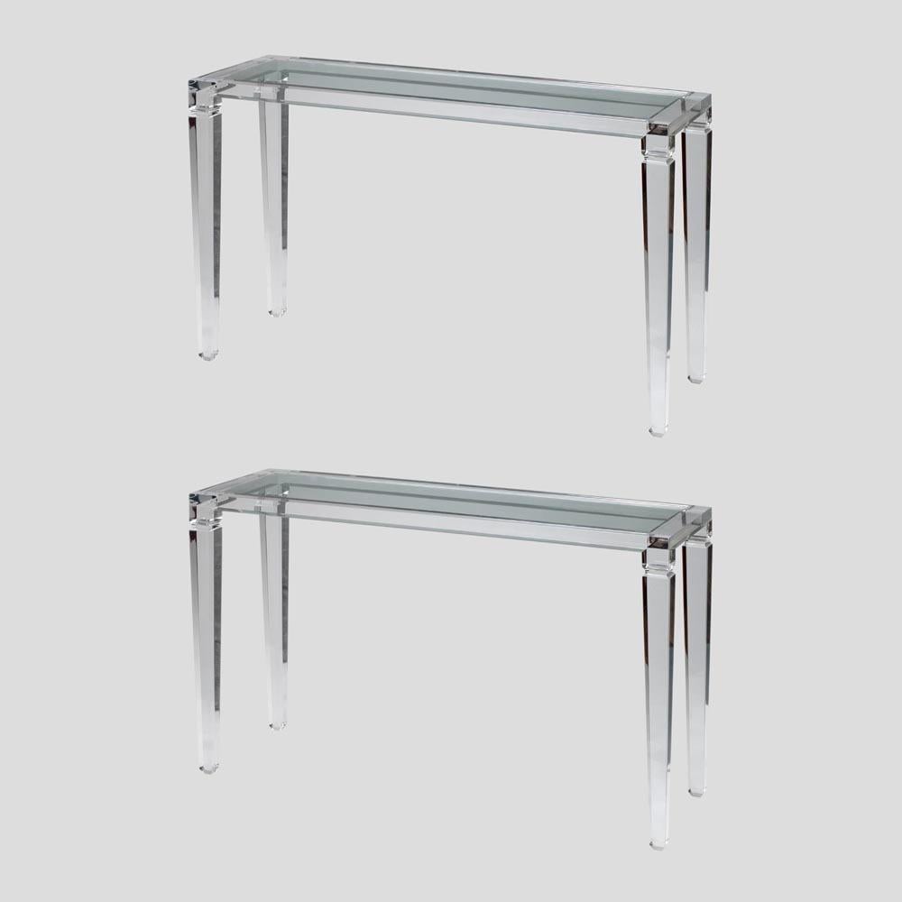 Pair of 1970s Italian Design Clear Perspex Console Tables Glass Top Tapered Legs 1
