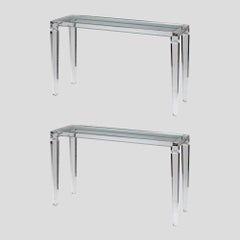 Pair of 1970s Italian Design Clear Perspex Console Tables Glass Top Tapered Legs