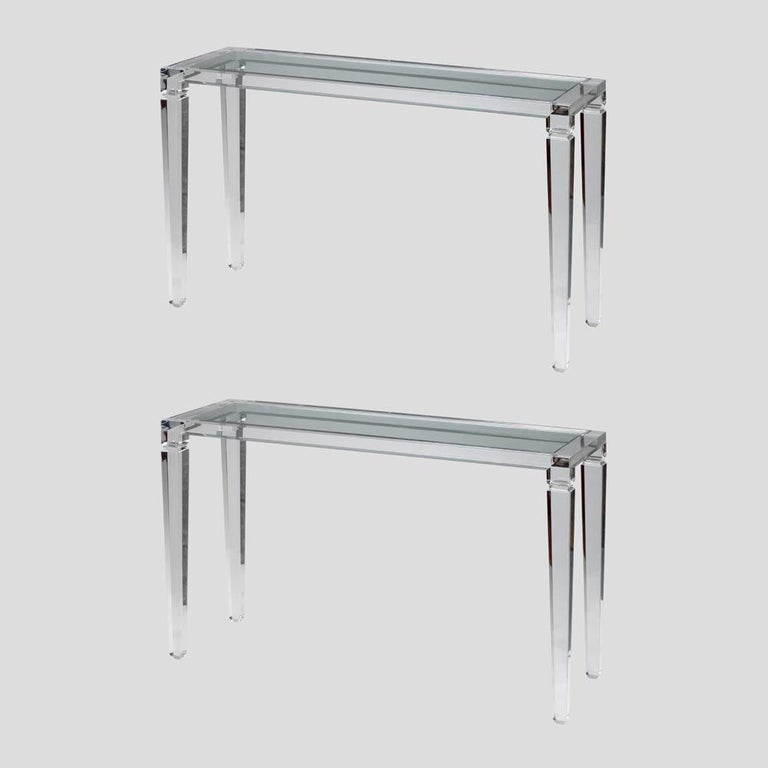 Pair of 1970s Italian Design Clear Perspex Console Tables Glass Top