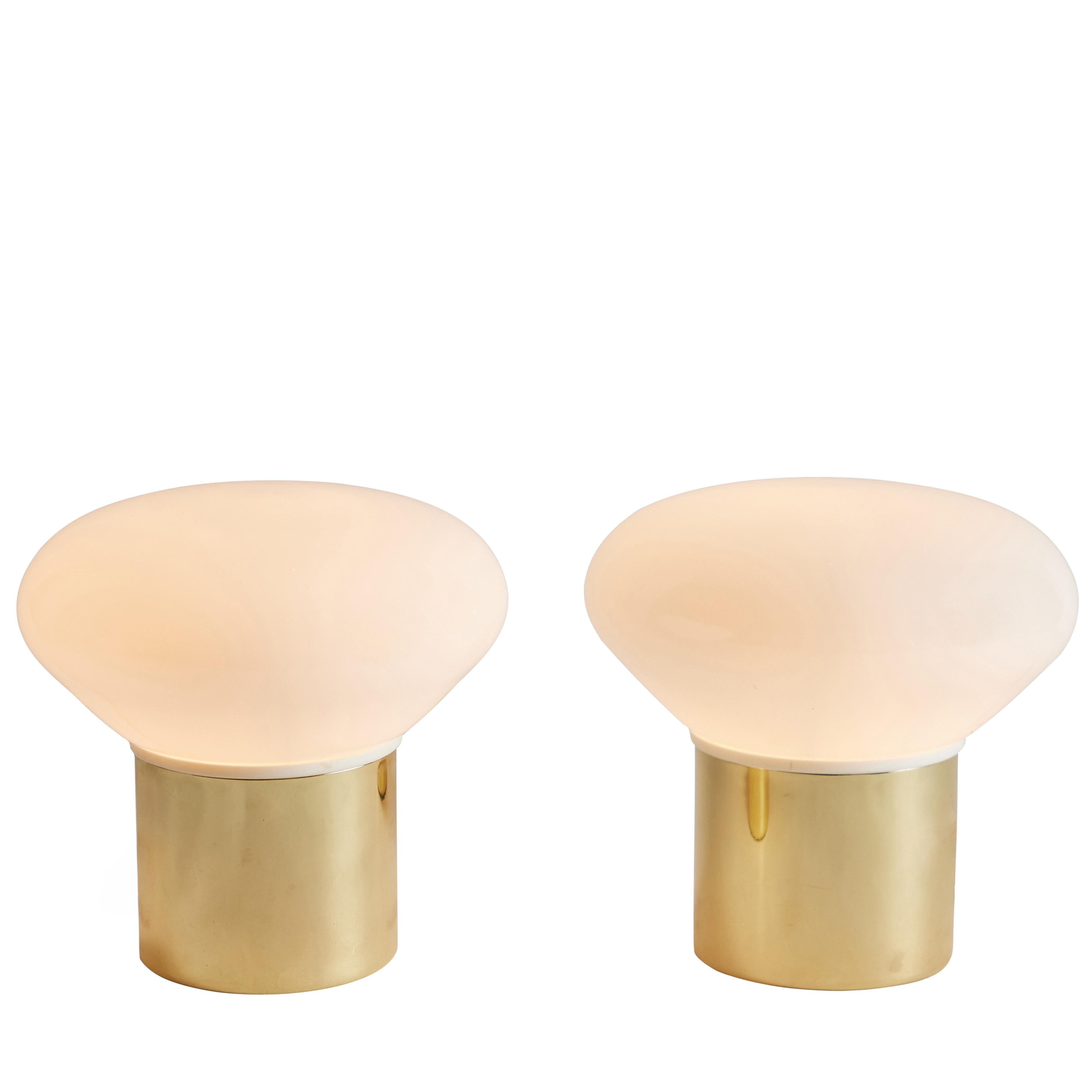 Pair of 1970s Italian glass & metal 'porcini' table lamps attributed to Tronconi. Executed in opaline glass and metal. A surprisingly simple and refined design.

Tronconi was a major Italian lighting and design company founded by Enrico Tronconi.