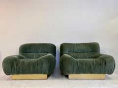 Pair of 1970s Italian Green Velvet and Brass Lounge Chairs