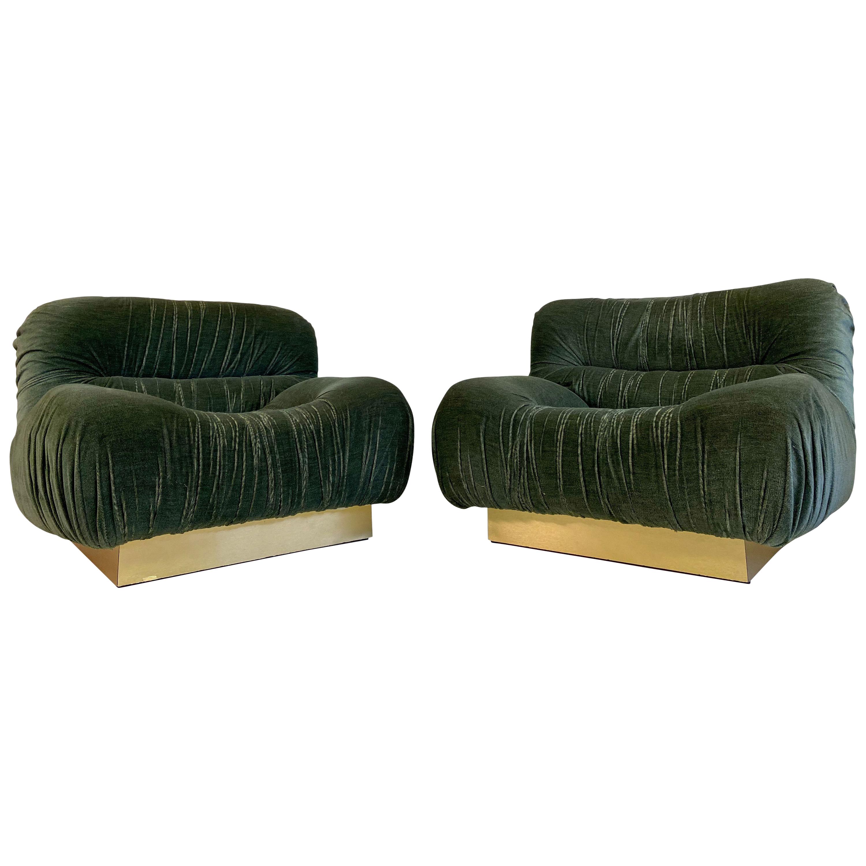Pair of 1970s Italian Green Velvet and Brass Lounge Chairs