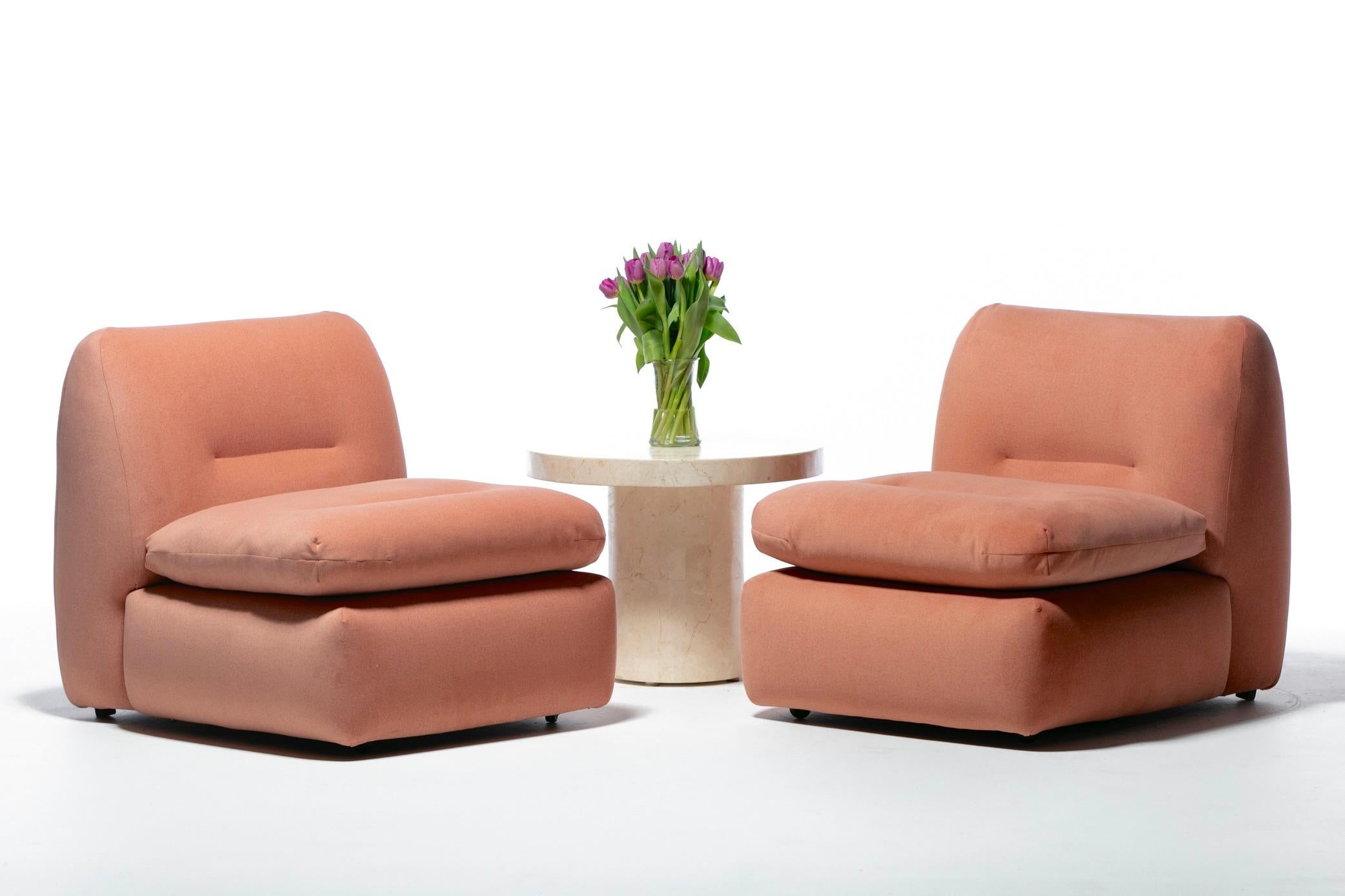 Sexy Italian Slipper Chairs fully restored with new cushioning and Blush Pink upholstery. Modern. Luxurious. Unique form with simple lines and a clean profile. Blush Pink fabric adds warmth with its rich color and cashmere like softness. Plush all
