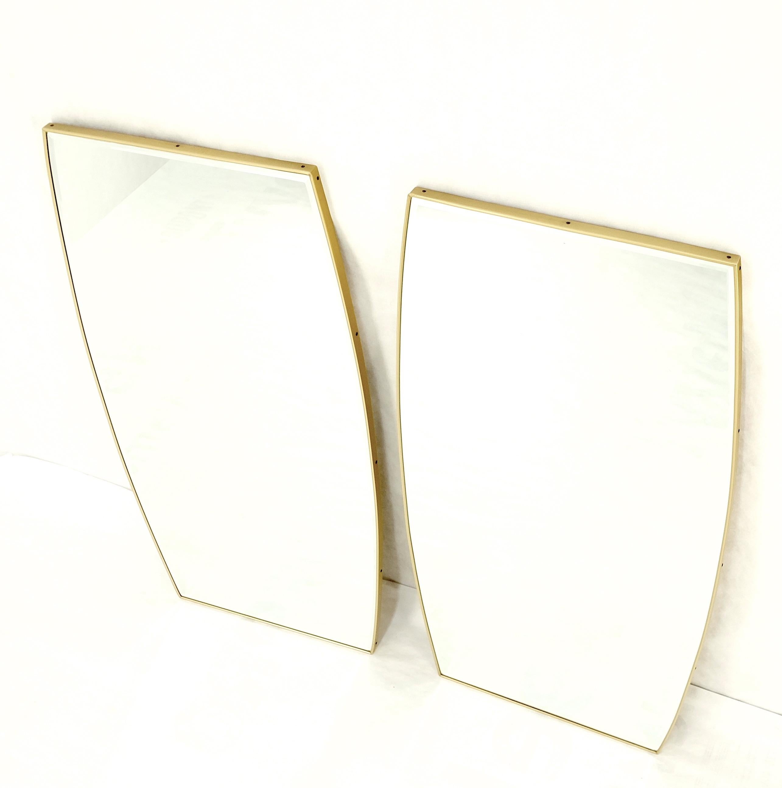 American Pair of 1970s Italian Mid Century Modern Boat Shape Brass Frames Mirrors MINT! For Sale