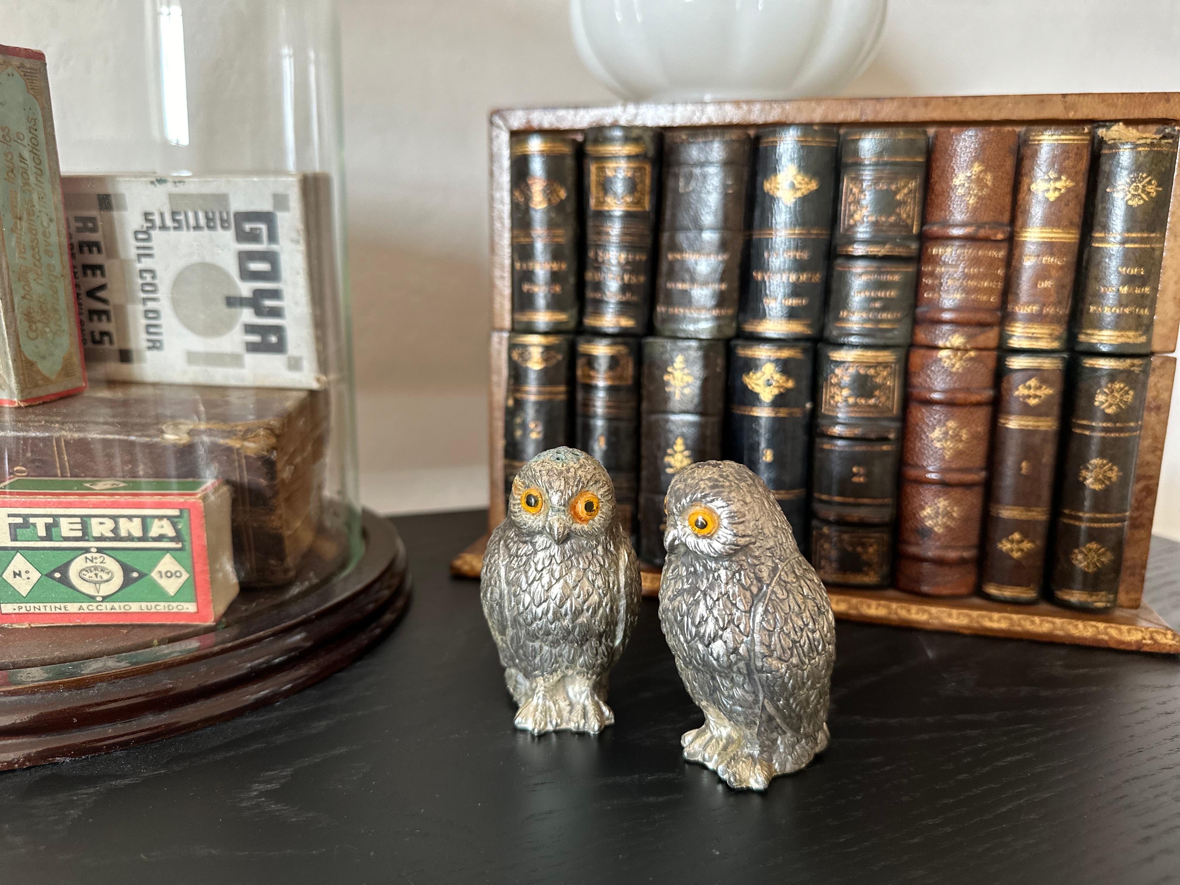 Pareja de saleros y pimenteros italianos de los años 70 en forma de búho con ojos de cristal finales del siglo XX en venta