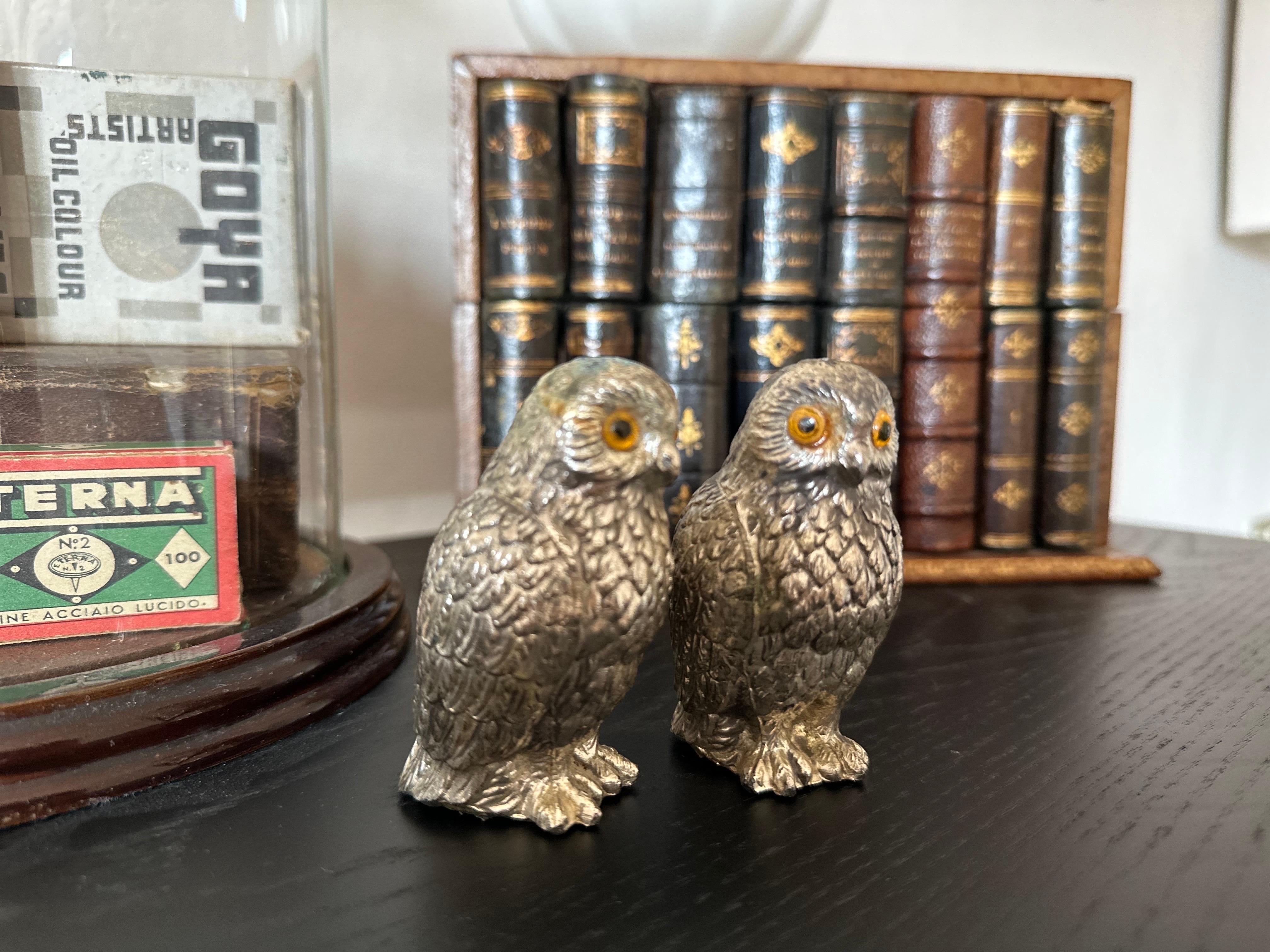 Pareja de saleros y pimenteros italianos de los años 70 en forma de búho con ojos de cristal Metal en venta