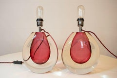 Pair of 1970s Italian Pink Murano Glass Lamps