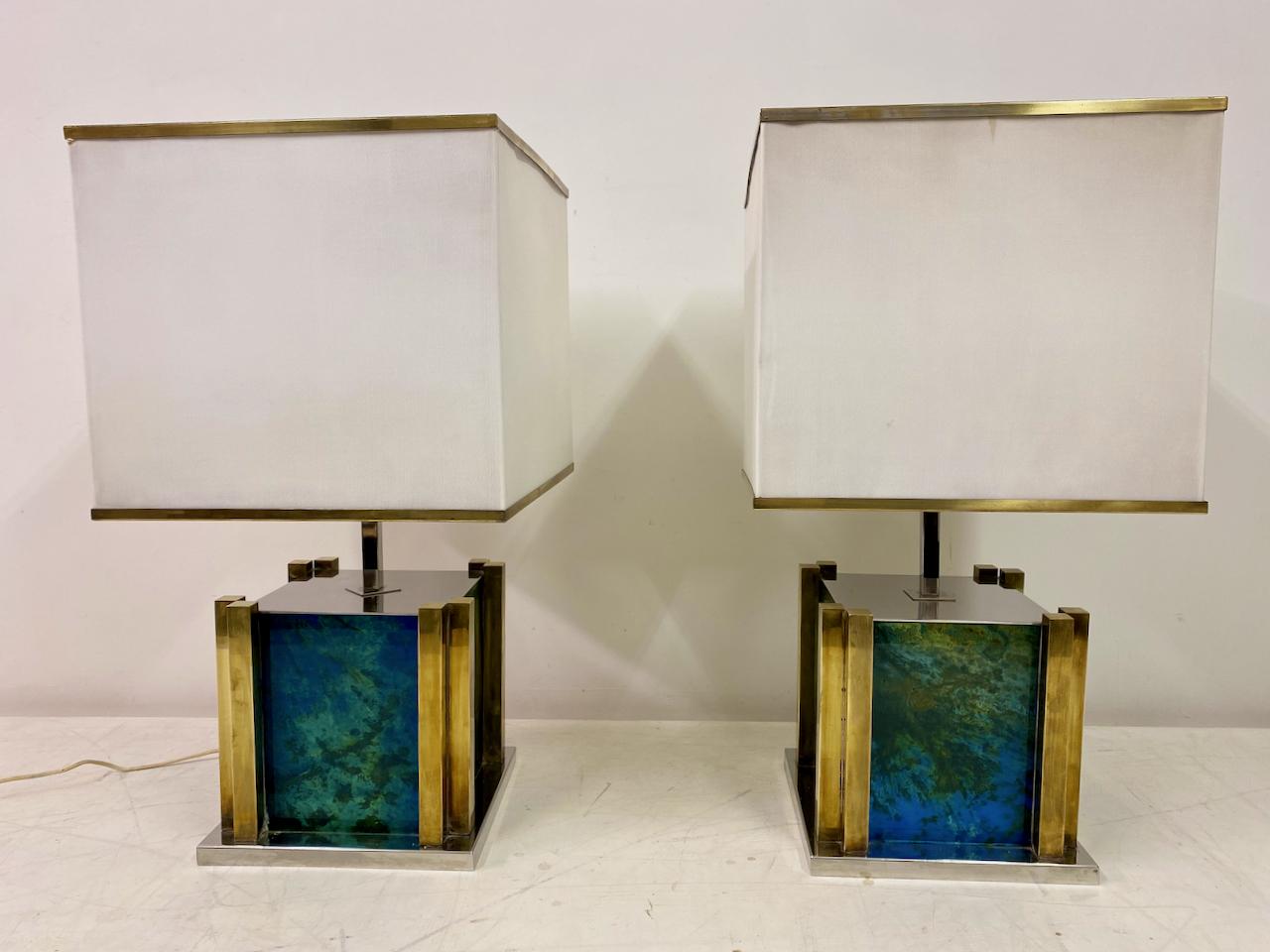 Pair of 1970s Italian Table Lamps by Romeo Rega in Brass, Chrome and Glass In Good Condition In London, London