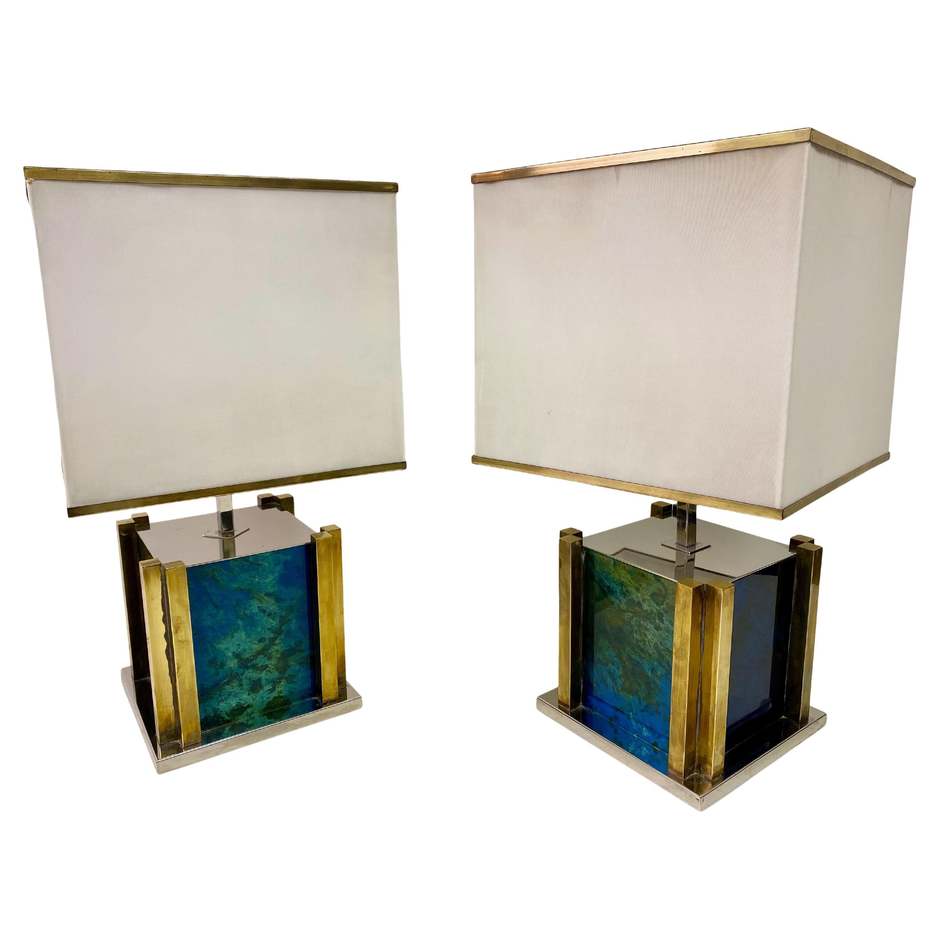 Pair of 1970s Italian Table Lamps by Romeo Rega in Brass, Chrome and Glass