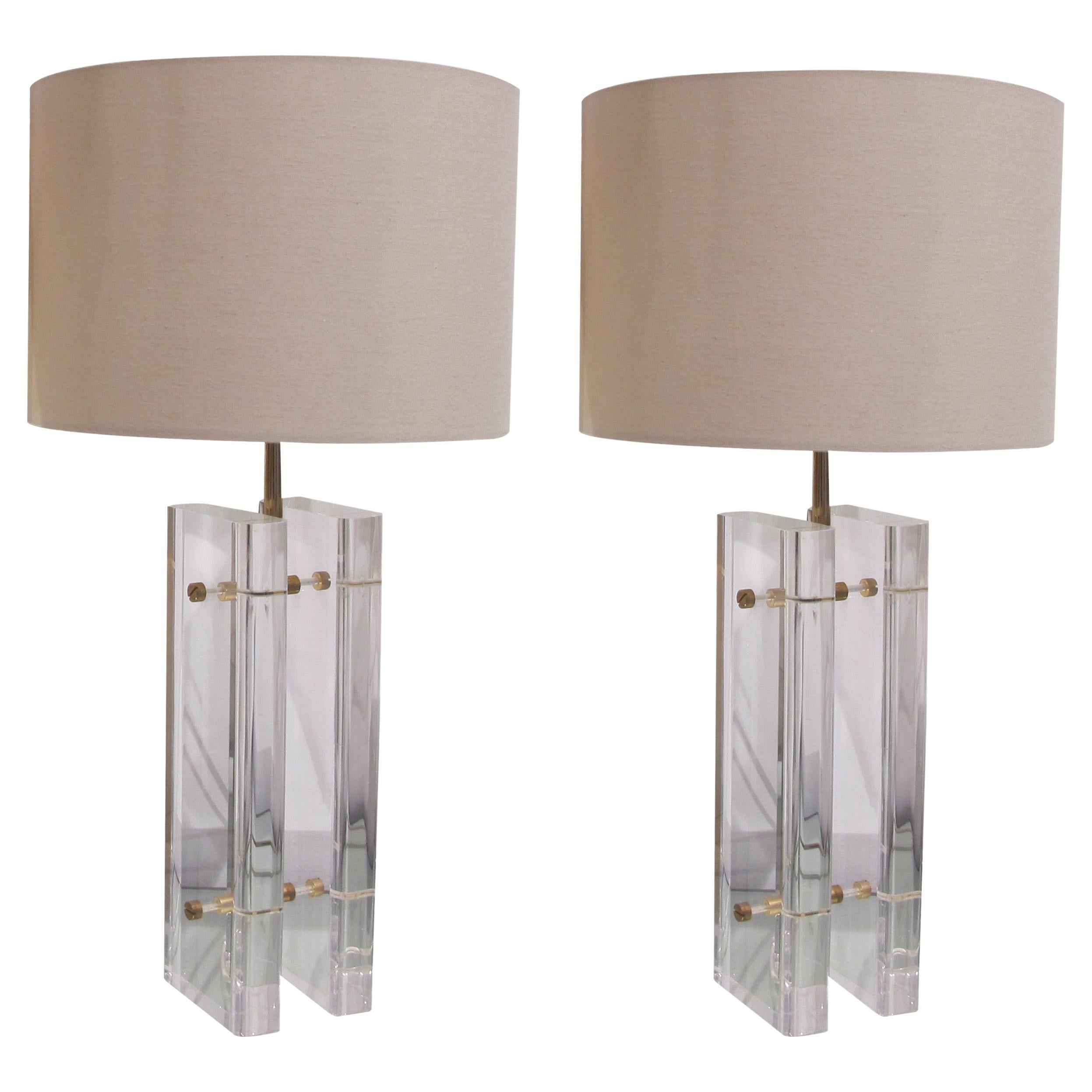 Pair of 1970s Italian Tall Rectangular Lucite & Brass Table Lamps inc Shades