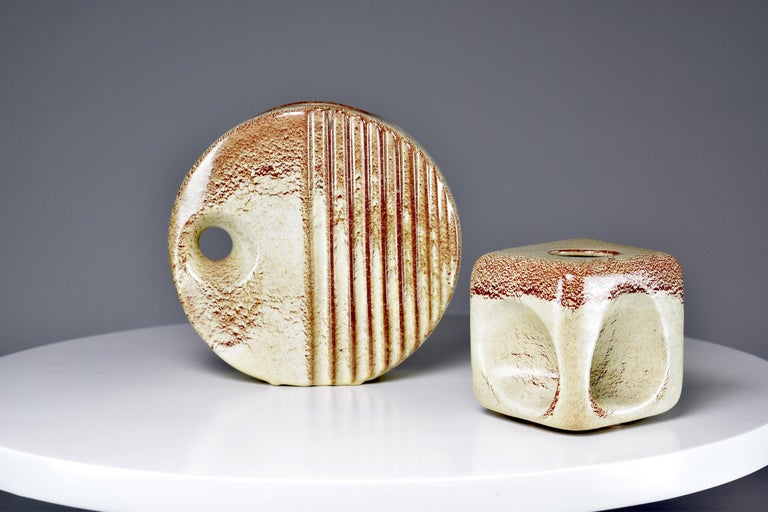 Mid-Century Modern Pair of 1970's Italian Textured Ceramic Vases For Sale