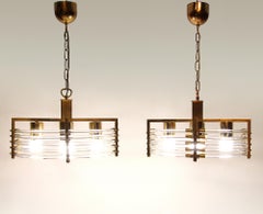 Pair of 1970s Italian UFO Chandeliers by Gaetano Sciolari in Gold & Murano Glass