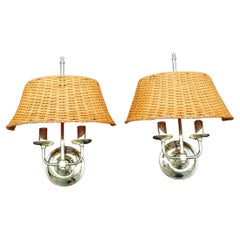 Vintage Pair of 1970s Italian Wall Lamps in Gold Gilded Metal and Bamboo Vivai del Sud