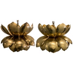 Pair of 1970s Large Brass Lotus Pendant Lights by Feldman