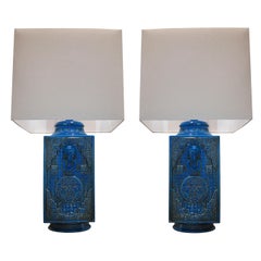 Pair of 1970s Large Italian Turquoise Ceramic Oriental Style Table Lamps