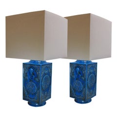 Vintage Pair of 1970s Large Italian Turquoise Ceramic Oriental Style Table Lamps