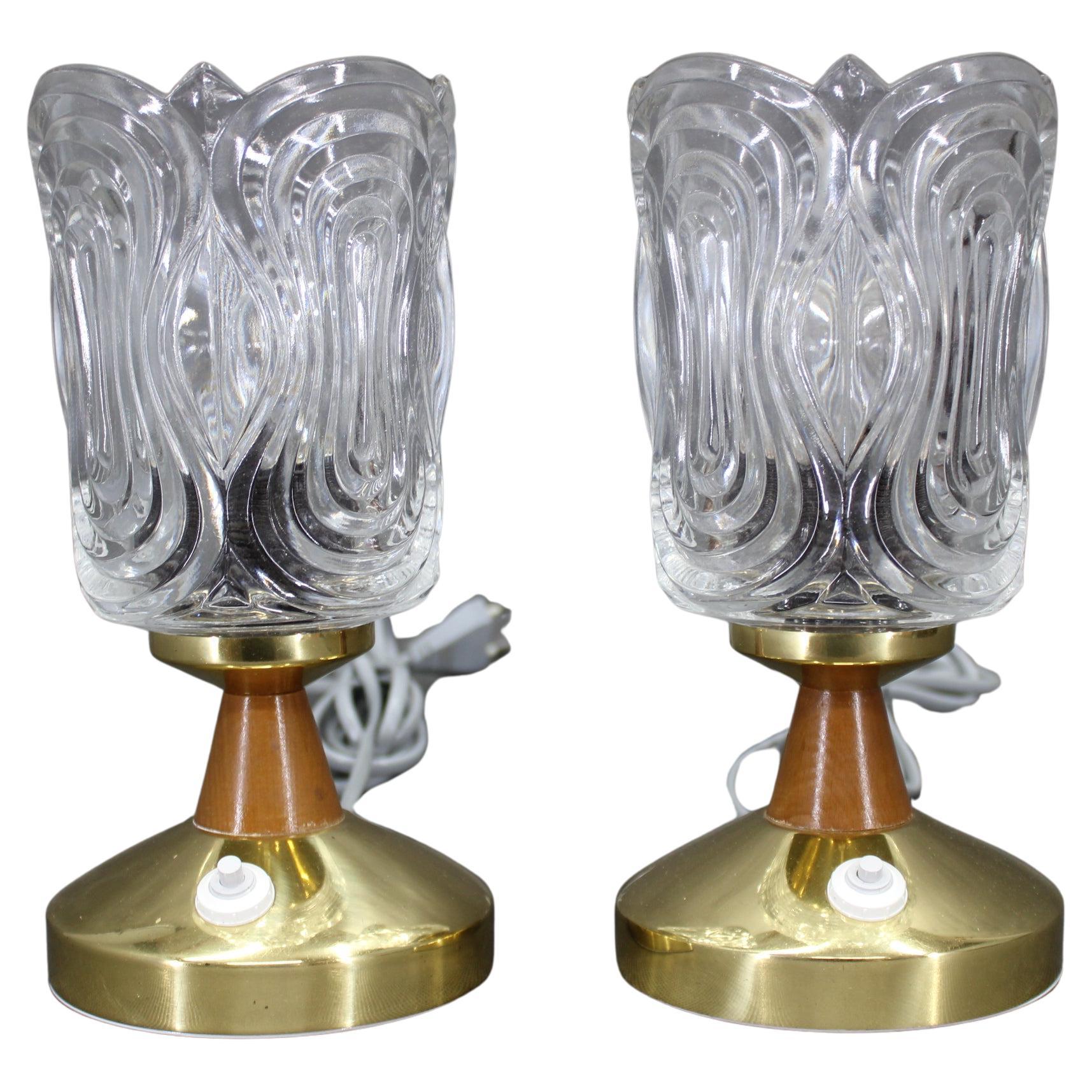 Pair of 1970s Lidokov Mid-Century Table Lamps with Sculpted Pressed Glass Shades