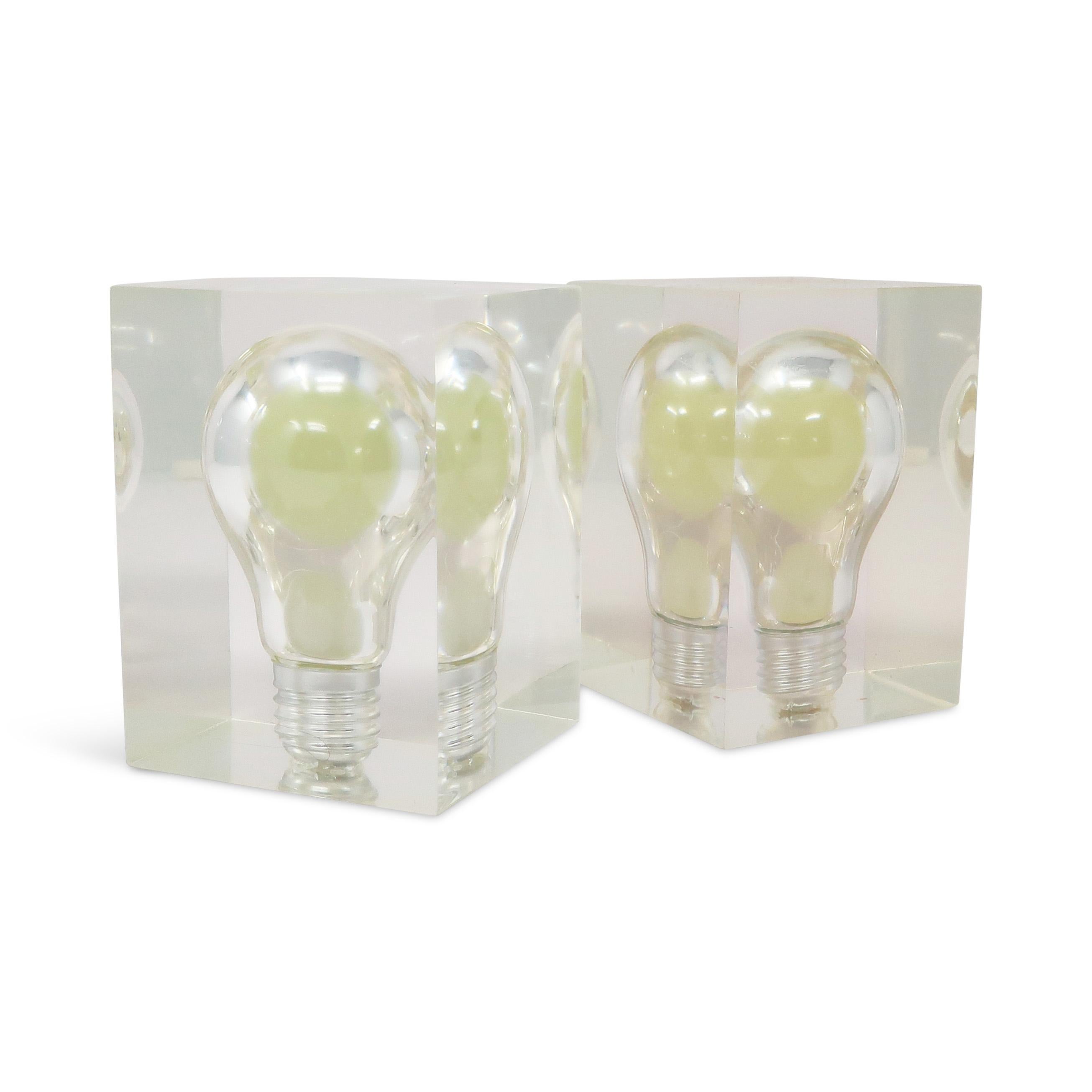 Pair of 1970s Light Bulb in Lucite Bookends 2